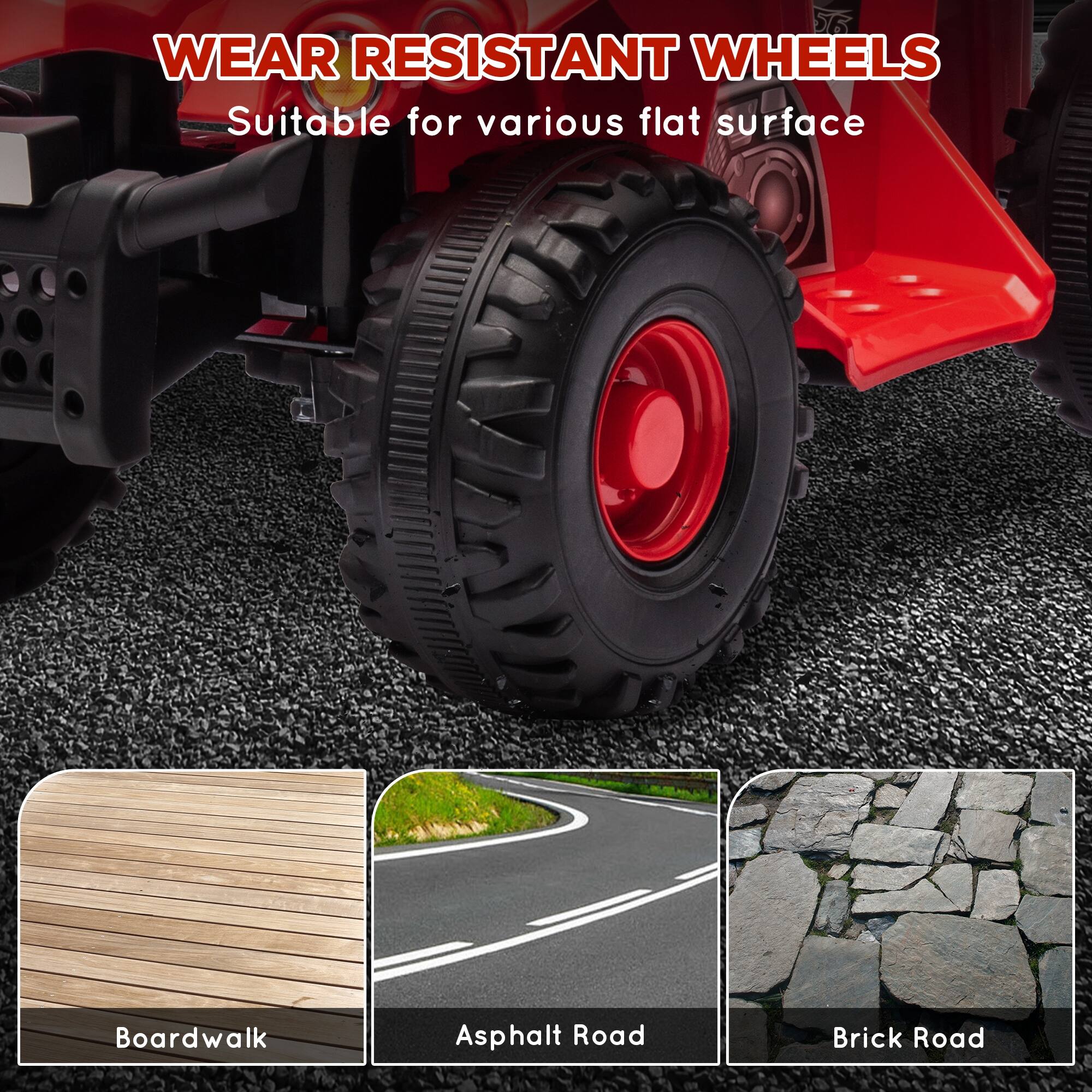 WEAR RESISTANT WHEELS  
Suitable for various flat surfaces  

Boardwalk  
Asphalt Road  
Brick Road