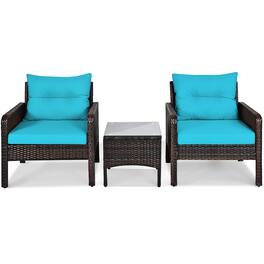 Costway - 3PCS Outdoor Rattan Conversation Set Patio Garden Cushioned Sofa Chair - Turquoise