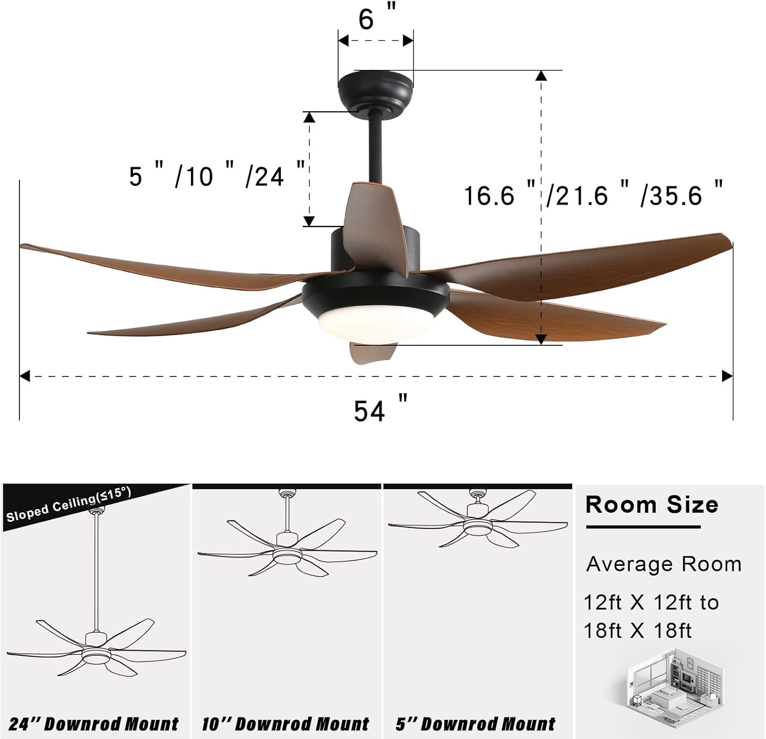 - 6"
- 5" / 10" / 24"
- 16.6" / 21.6" / 35.6"
- 54"
- Sloped Ceiling (S15)
- 24" Downrod Mount
- 10" Downrod Mount
- 5" Downrod Mount
- Room Size
- Average Room
- 12ft X 12ft to 18ft X 18ft