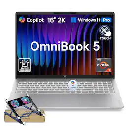HP - Upgraded - OmniBook 5 16" FHD+ Touch Laptop - AMD Ryzen 7 250 - 16GB RAM 2TB SSD - Backlit KB - Copilot - Laptop Cooler - Silver