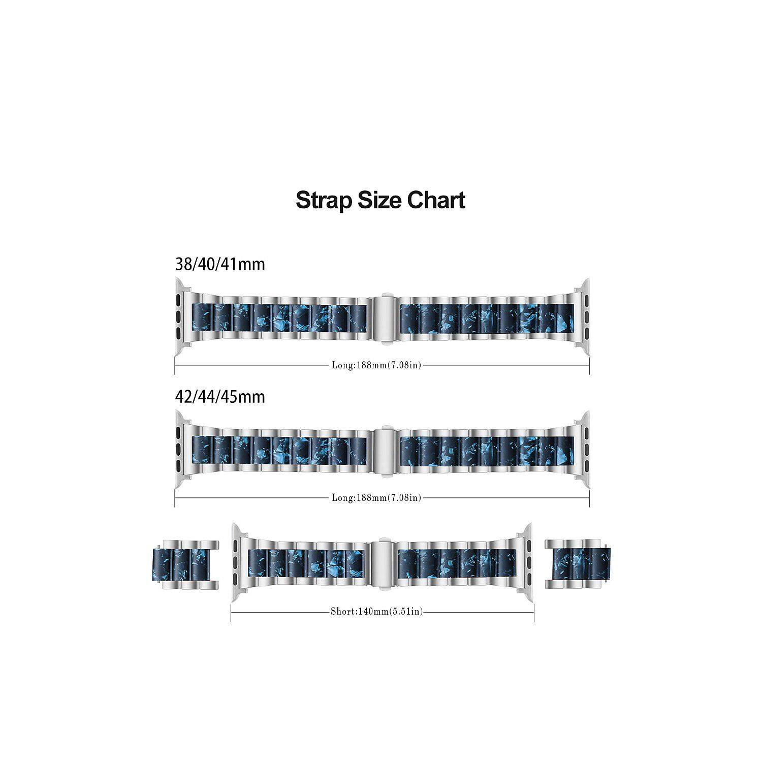 Strap Size Chart

38/40/41mm  
Long: 188mm (7.08in)

42/44/45mm  
Long: 188mm (7.08in)  
Short: 140mm (5.51in)