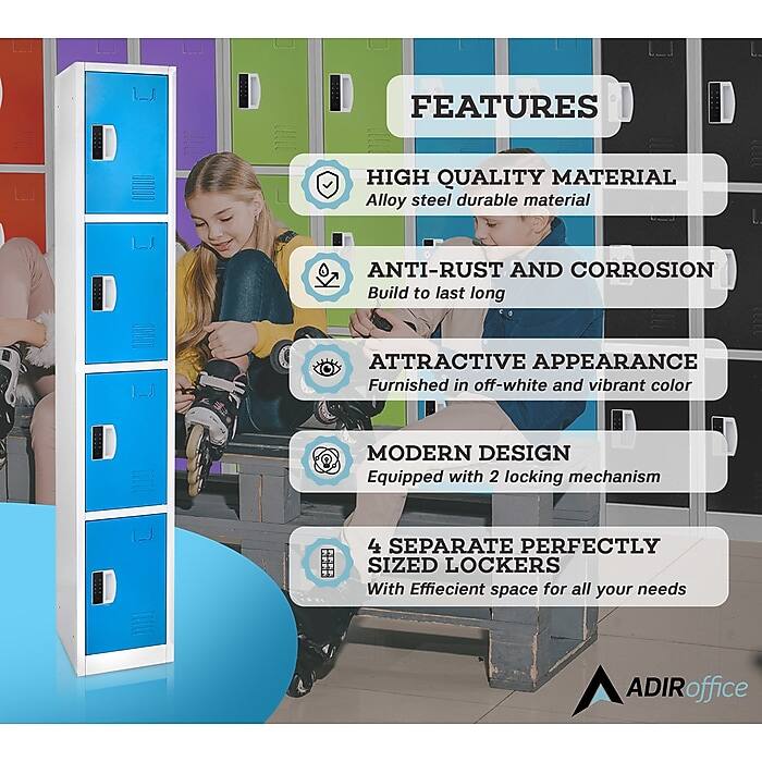 FEATURES
HIGH QUALITY MATERIAL
Alloy steel durable material
ANTI-RUST AND CORROSION
Build to last long
ATTRACTIVE APPEARANCE
Furnished in off-white and vibrant color
MODERN DESIGN
Equipped with 2 locking mechanism
4 SEPARATE PERFECTLY SIZED LOCKERS
With Efficient space for all your needs
ADIRoffice