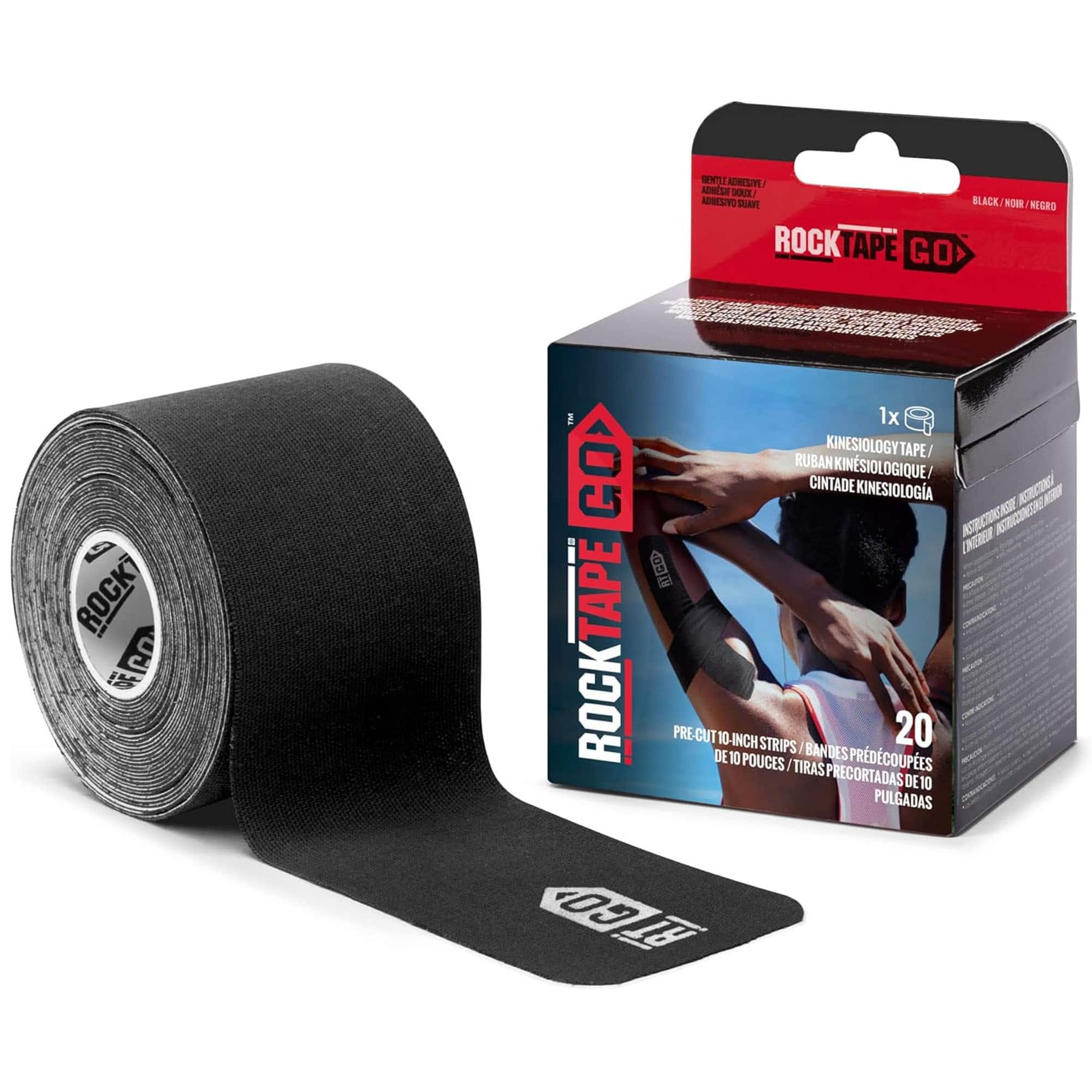 RockTape - Go 20 Pre-Cut 10-Inch Strips Kinesiology Gentle Adhesive - Black