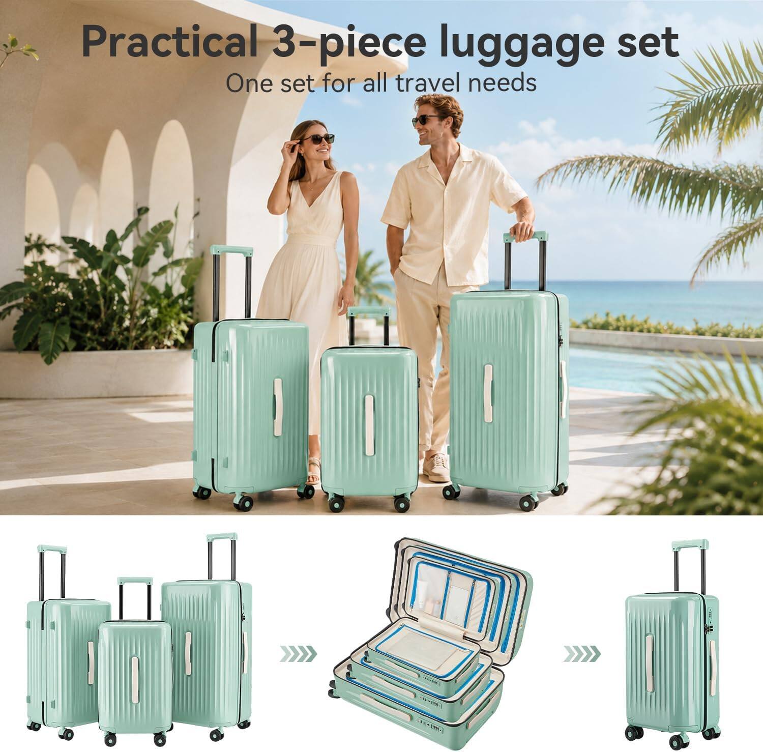 Quick Deer 3 Piece Hardside Luggage Set with TSA Lock, PC Spinner
