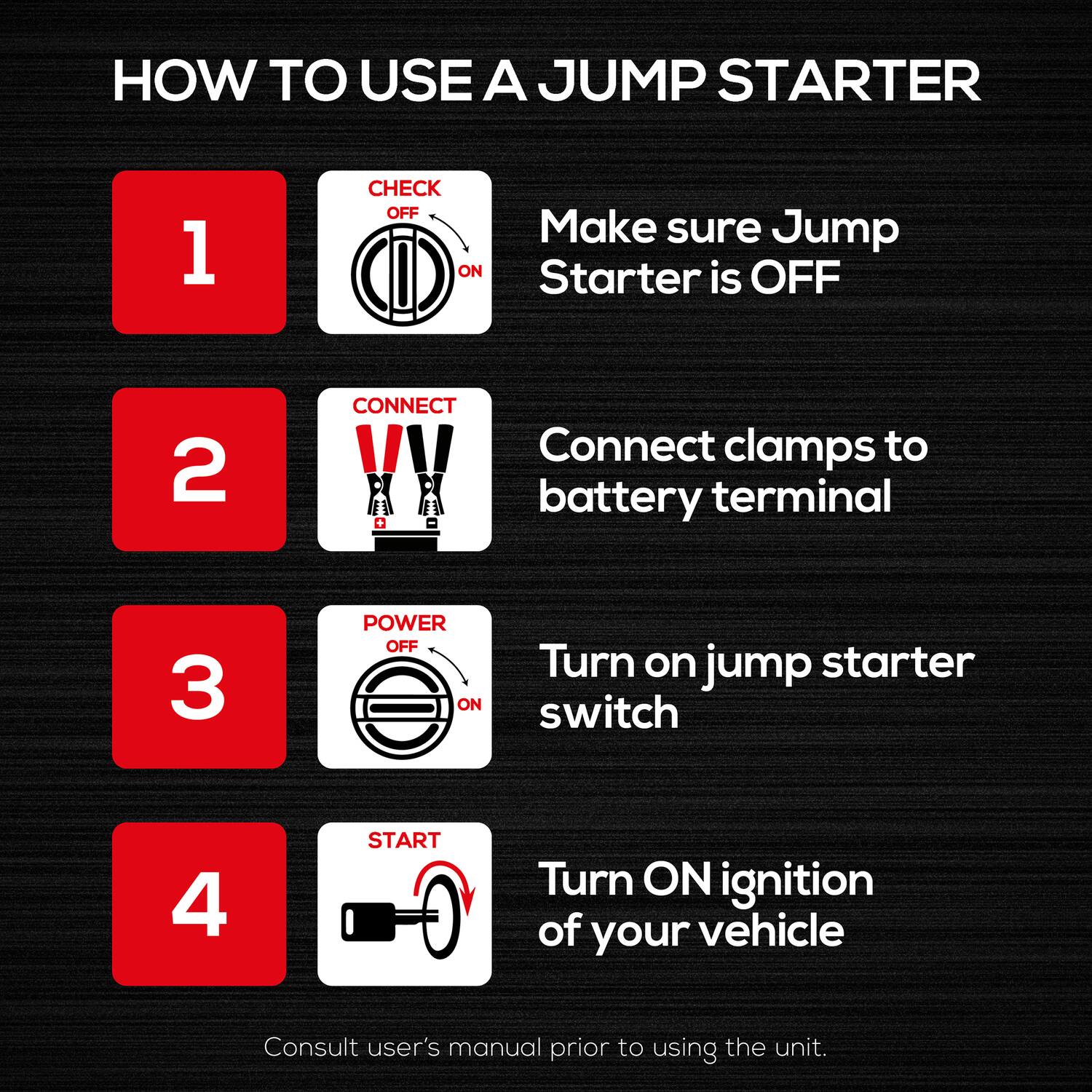 HOW TO USE A JUMP STARTER

1. CHECK OFF ON  
   Make sure Jump Starter is OFF

2. CONNECT  
   Connect clamps to battery terminal

3. POWER OFF ON  
   Turn on jump starter switch

4. START  
   Turn ON ignition of your vehicle

Consult user's manual prior to using the unit.