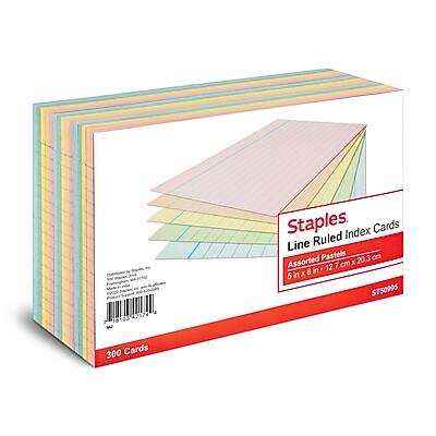 Staples  
Line Ruled Index Cards  
Assorted Pastels  
5 in x 8 in (12.7 cm x 20.3 cm)  
300 Cards  
ST50995