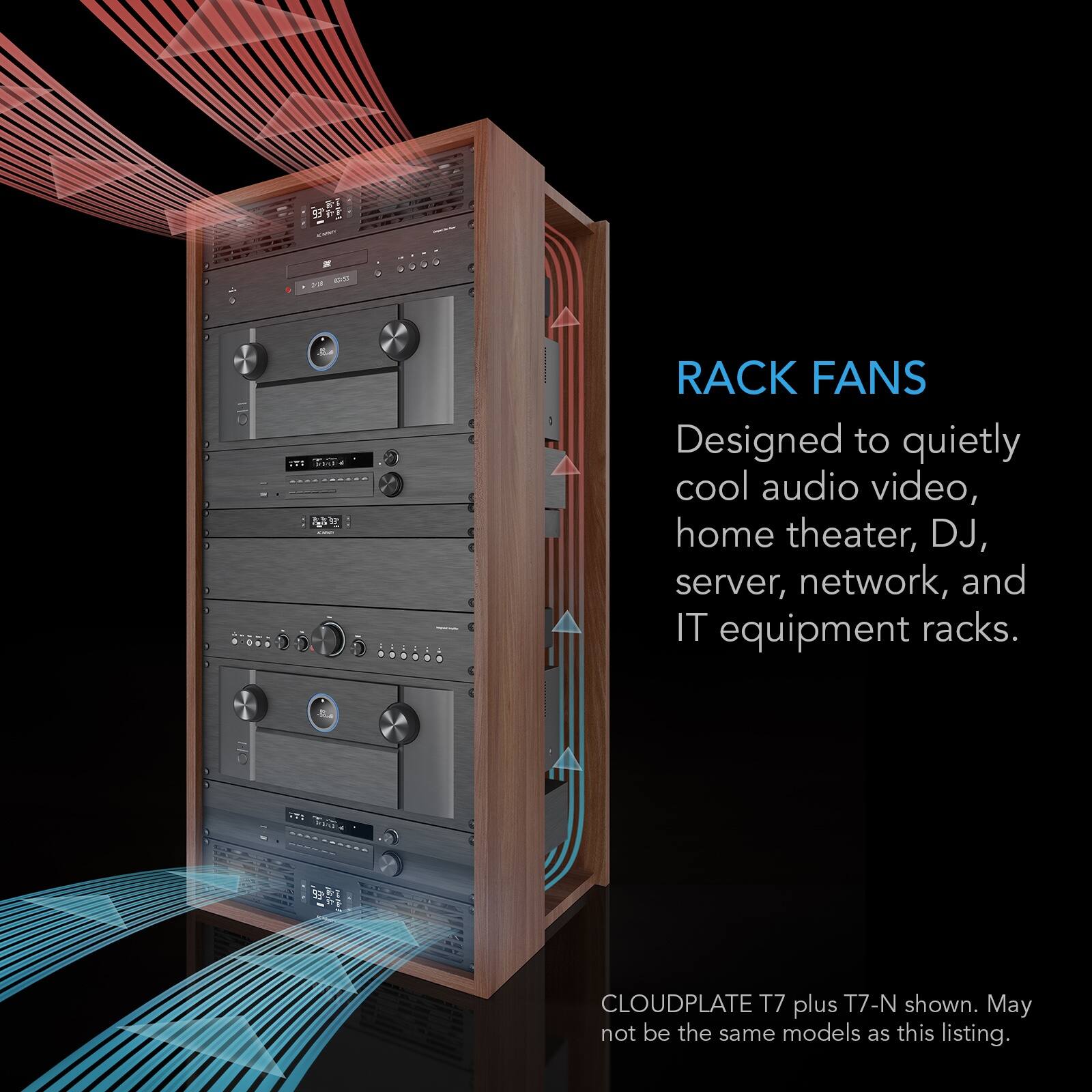RACK FANS  
Designed to quietly cool audio video, home theater, DJ, server, network, and IT equipment racks.  
CLOUDPLATE T7 plus T7-N shown. May not be the same models as this listing.