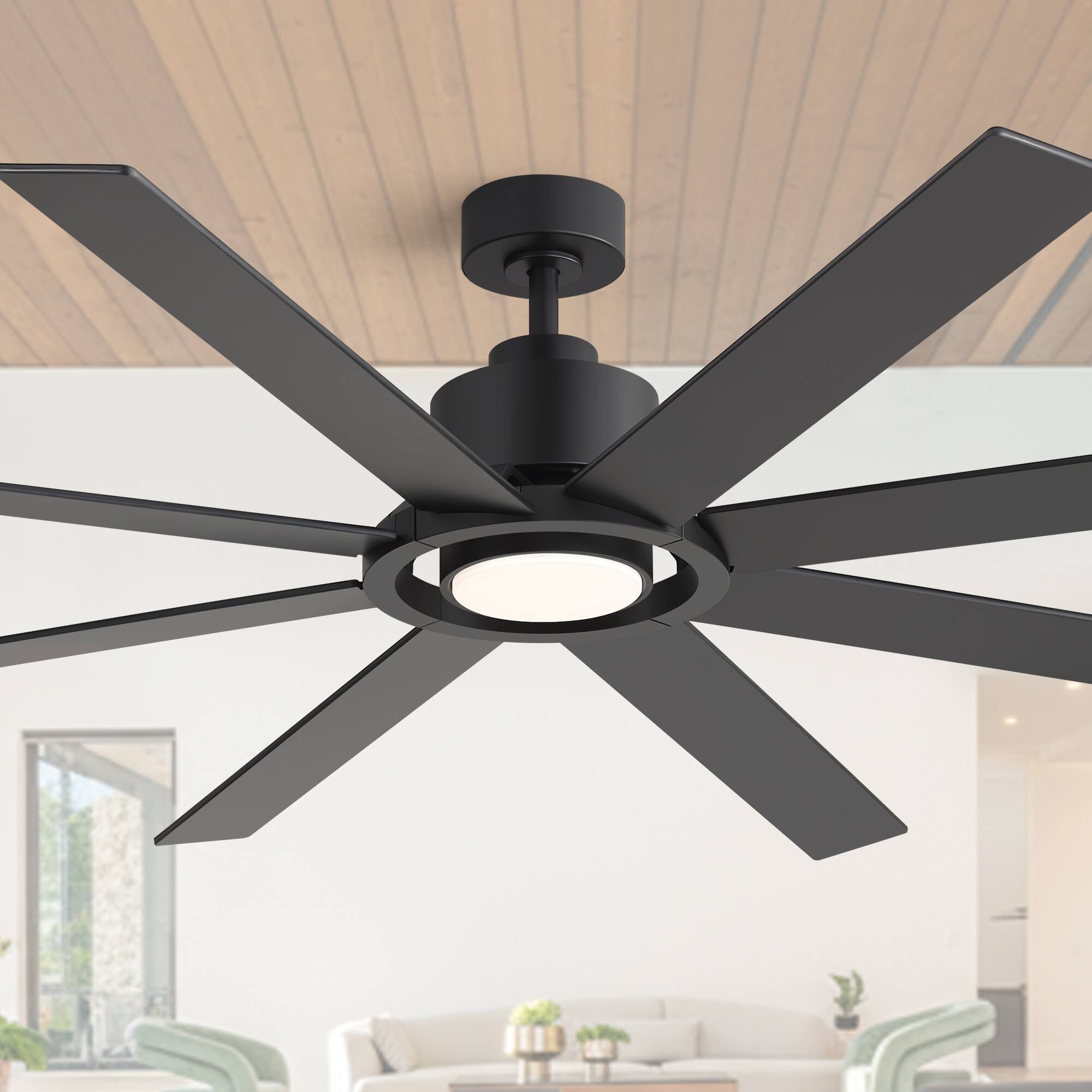 Alt View 1. Breezary - 72-Inch Modern Ceiling Fan, Dimmable LED, 8 Plywood Blades, Efficient DC Motor, 6 Speeds, Timer, Remote - All Black.