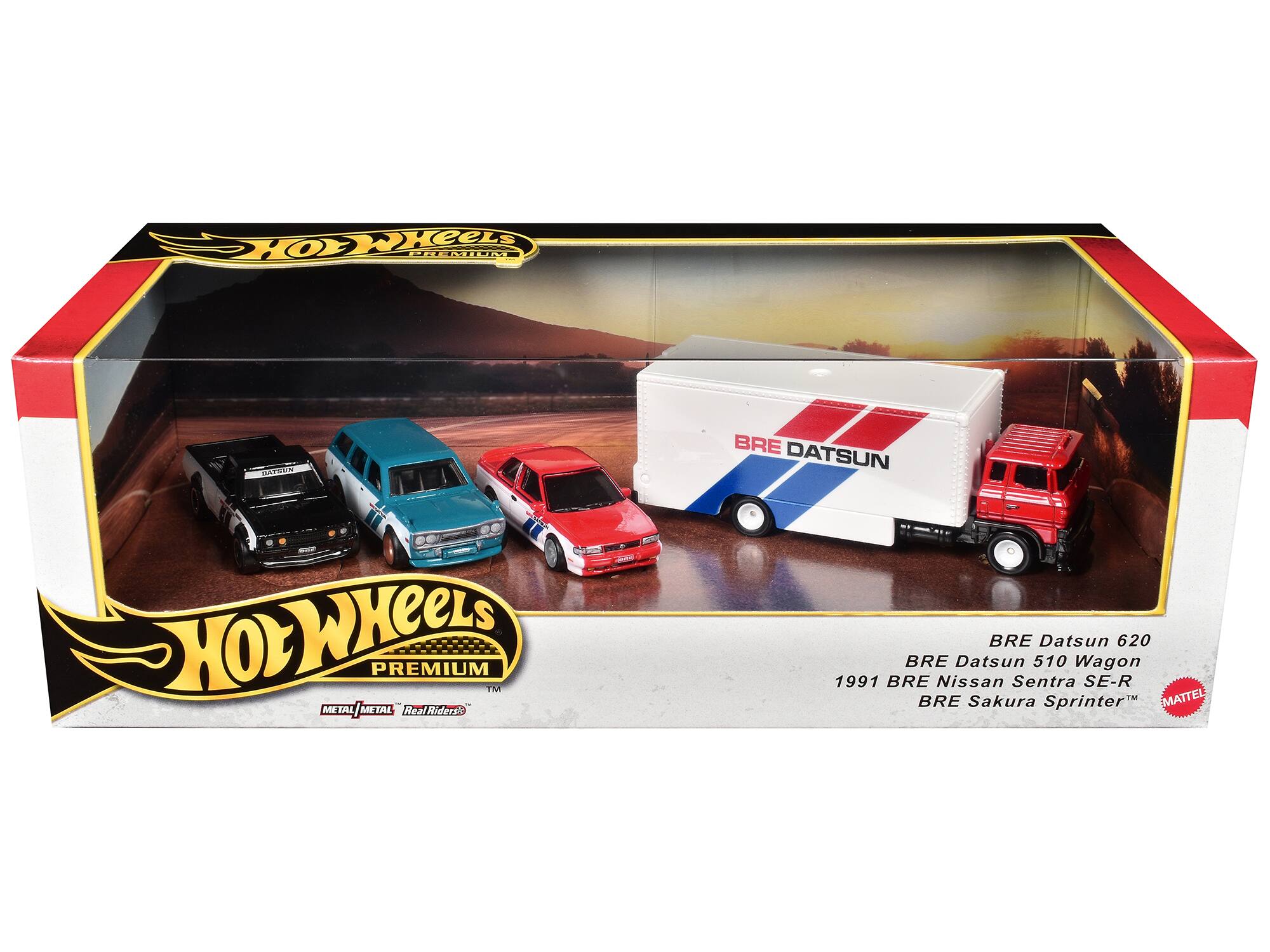 Hot Wheels Premium  
Metal/Metal Real Riders  
BRE Datsun 620  
BRE Datsun 510 Wagon  
1991 BRE Nissan Sentra SE-R  
BRE Sakura Sprinter  
Mattel