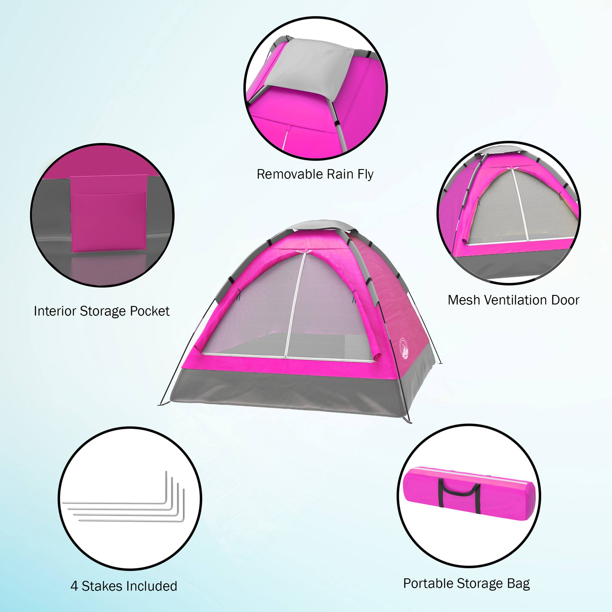 Removable Rain Fly, Interior Storage Pocket, Mesh Ventilation Door, 4 Stakes Included, Portable Storage Bag