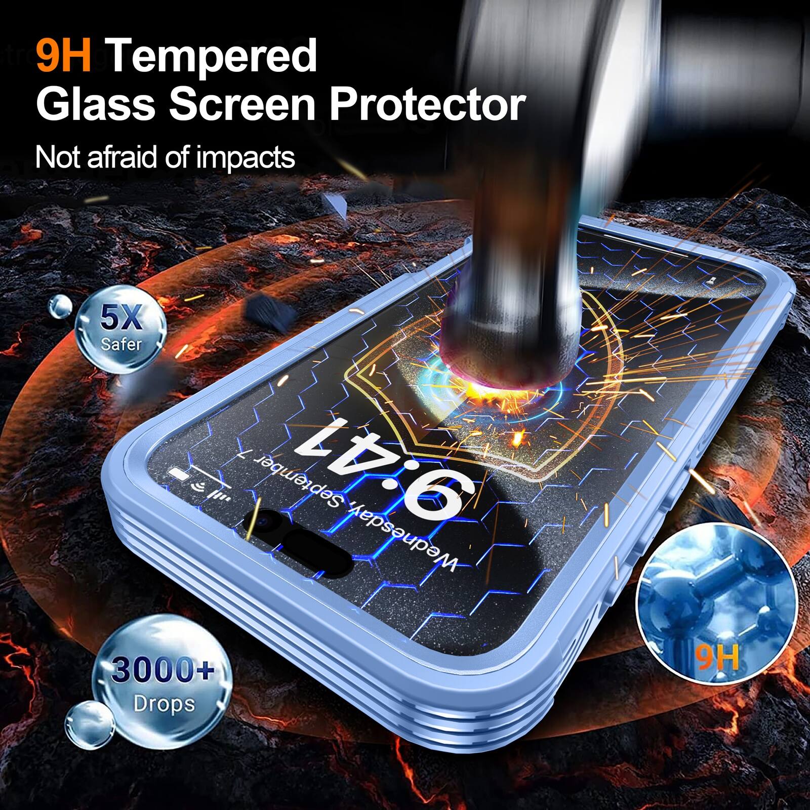 9H Tempered Glass Screen Protector  
Not afraid of impacts  
5X Safer  
3000+ Drops  
9H