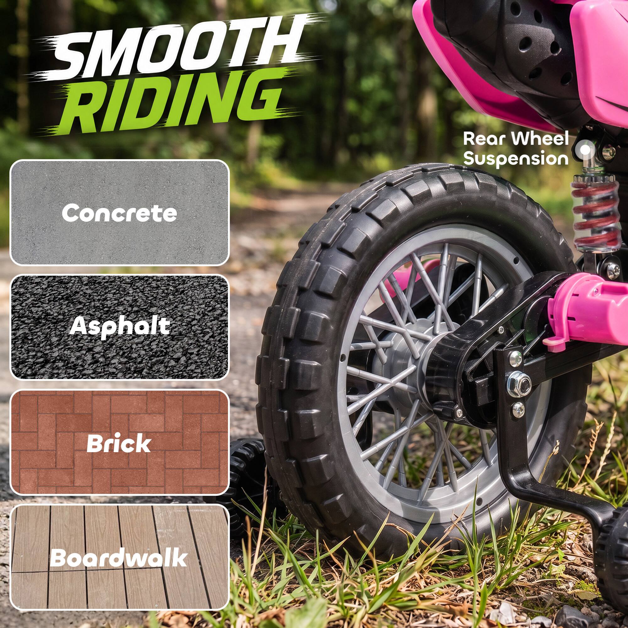 SMOOTH RIDING

Rear Wheel Suspension

Concrete  
Asphalt  
Brick  
Boardwalk
