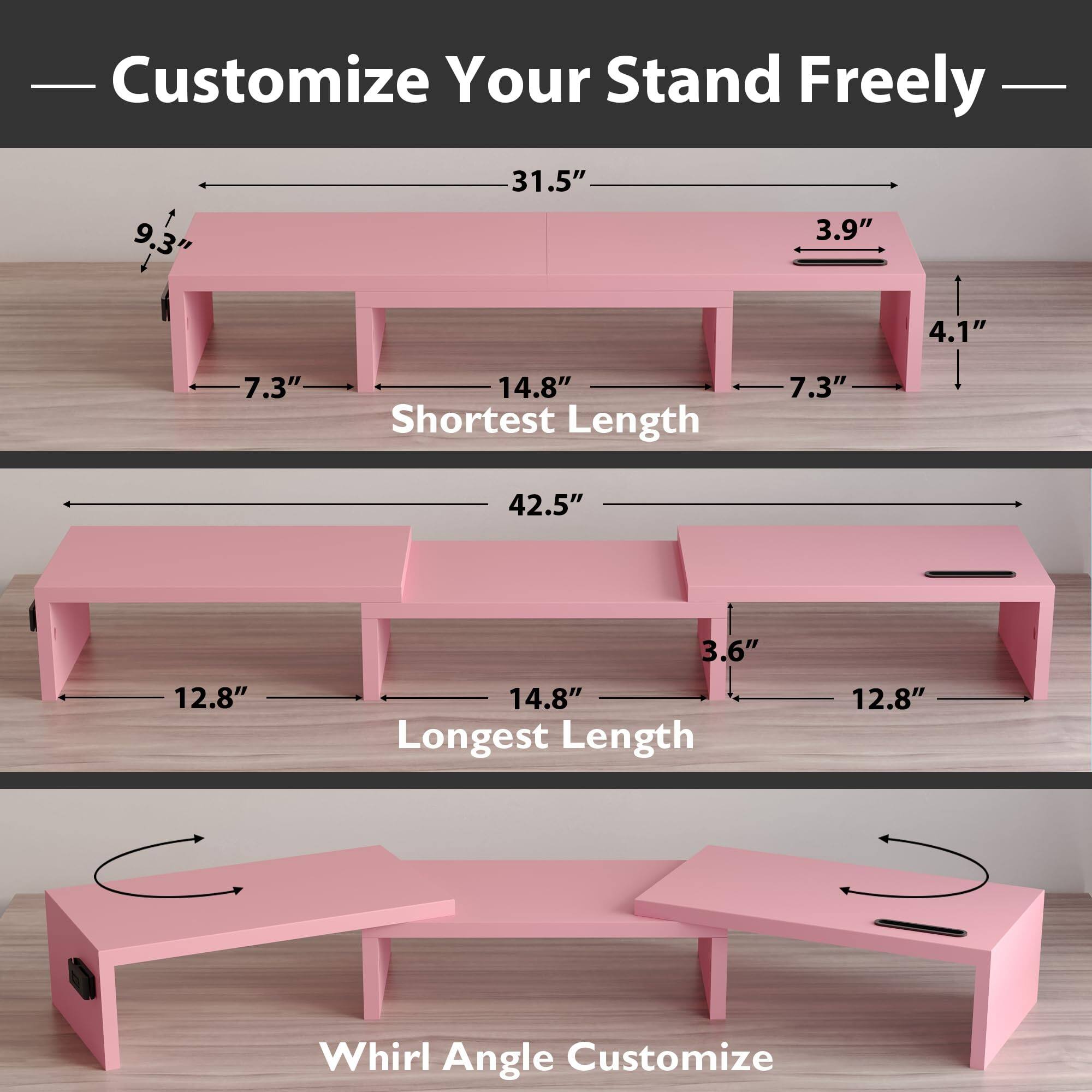 Customize Your Stand Freely

- Shortest Length: 31.5" (Width) x 9.3" (Height) x 7.3" (Depth) x 14.8" (Length)
- Longest Length: 42.5" (Width) x 12.8" (Height) x 14.8" (Length) x 3.6" (Depth)
- Whirl Angle Customize