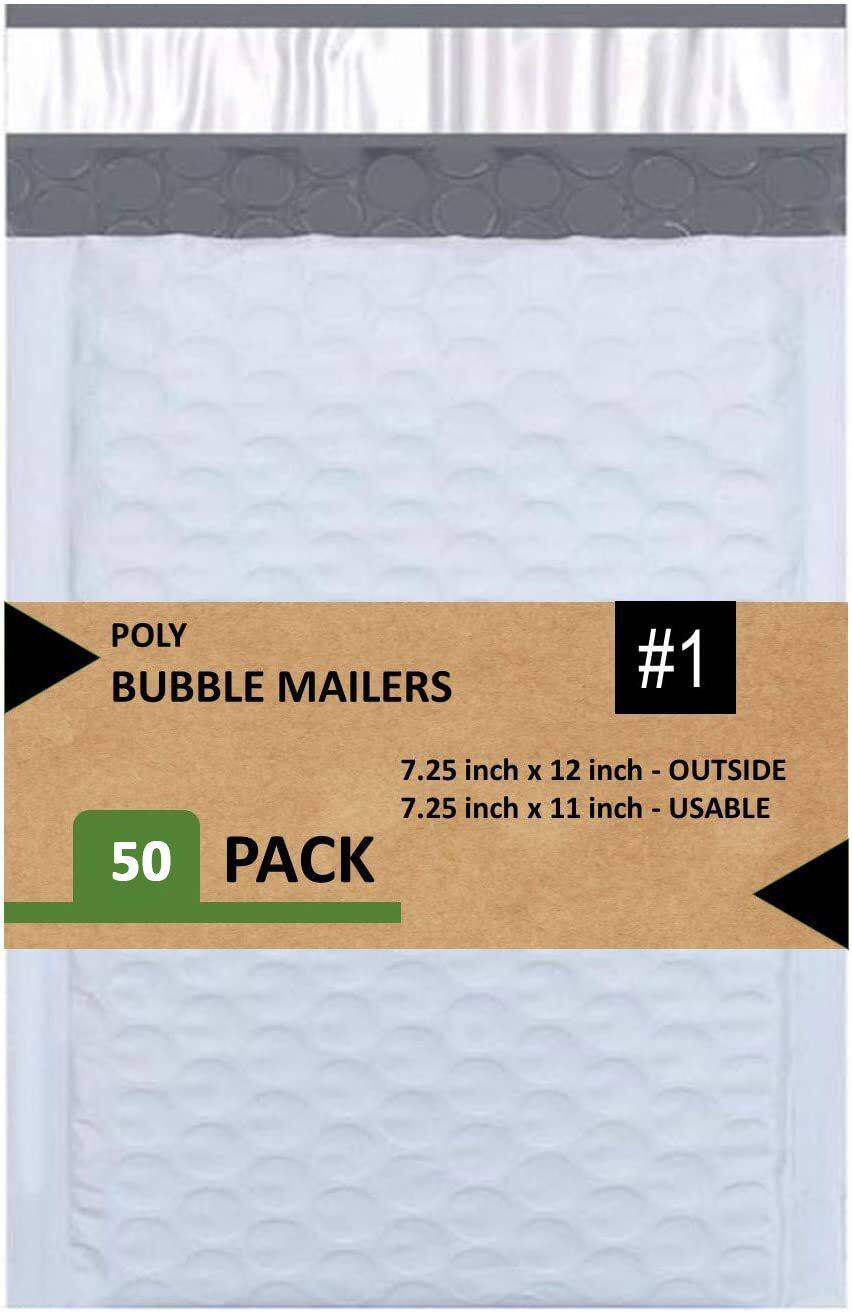 POLY BUBBLE MAILERS  
#1  
7.25 inch X 12 inch - OUTSIDE  
7.25 inch X 11 inch - USABLE  
50 PACK