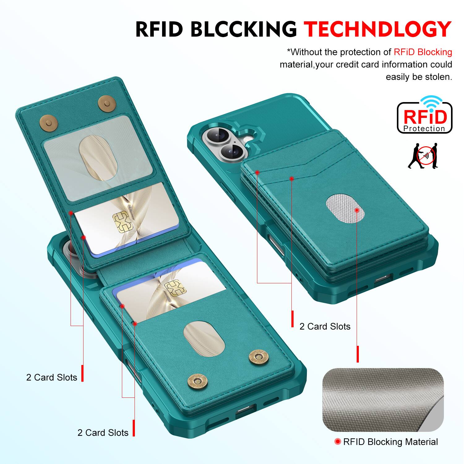 RFID BLOCKING TECHNOLOGY

*Without the protection of RFID Blocking material, your credit card information could easily be stolen.

RFID Protection

2 Card Slots

2 Card Slots

2 Card Slots

RFID Blocking Material