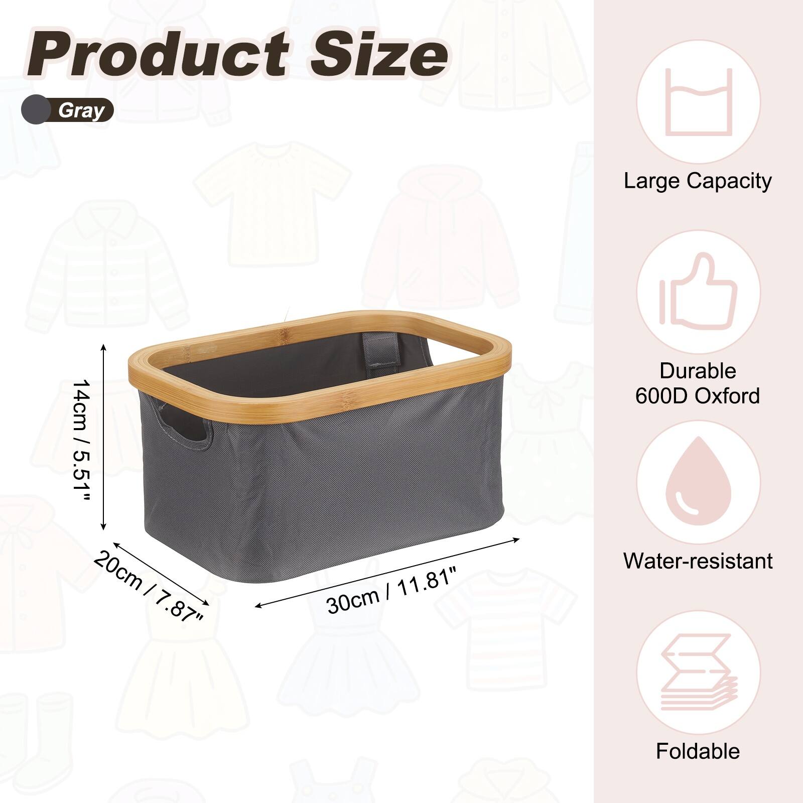 Product Size: Gray  
Large Capacity  
14cm / 5.51"  
20cm / 7.87"  
30cm / 11.81"  
Durable 600D Oxford  
Water-resistant  
Foldable