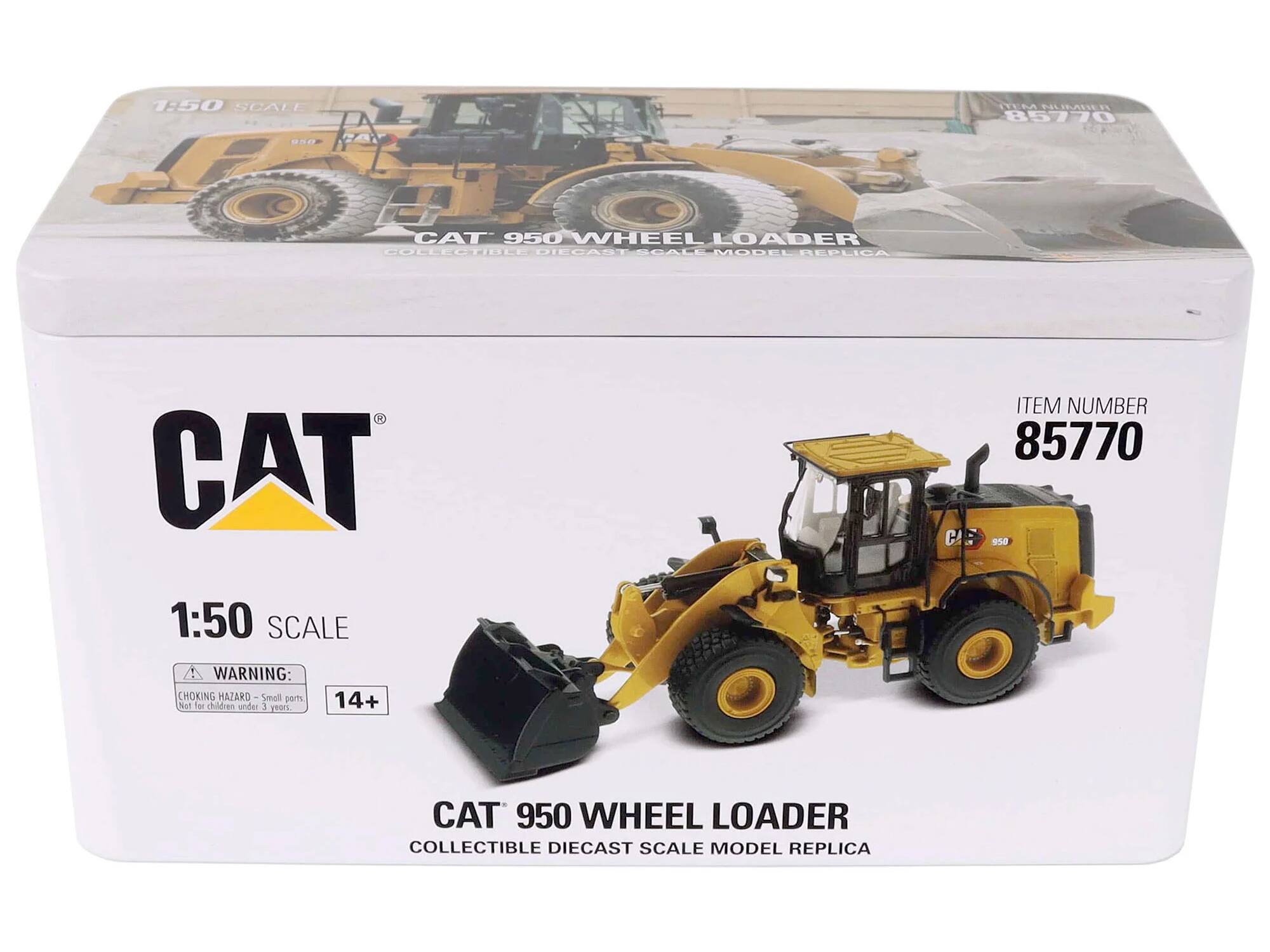 1:50 SCALE  
CAT 950 WHEEL LOADER  
COLLECTIBLE DIECAST SCALE MODEL REPLICA  

ITEM NUMBER 85770  

WARNING: CHOKING HAZARD - Small parts. Not for children under 3 years. 14+