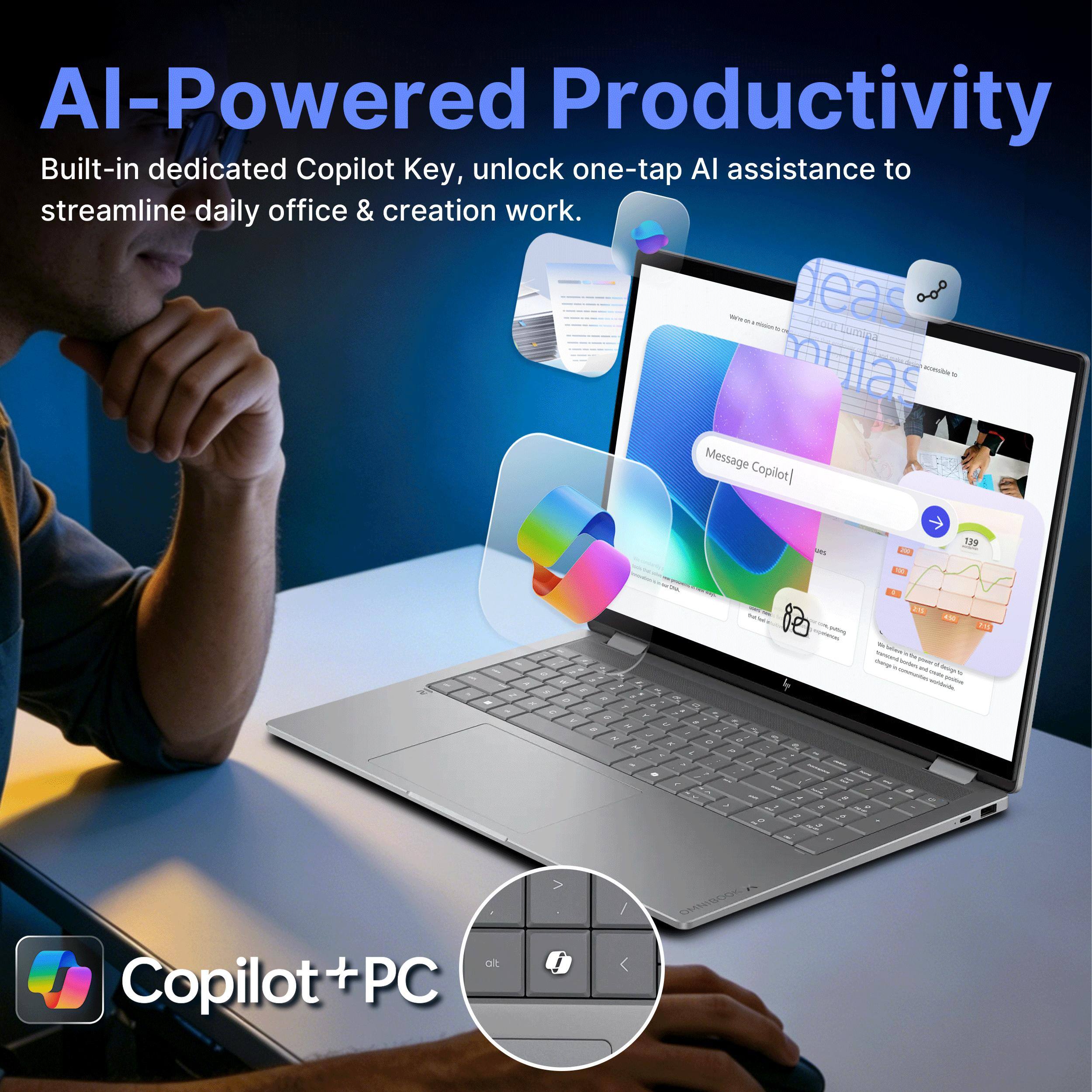AI-Powered Productivity  
Built-in dedicated Copilot Key, unlock one-tap AI assistance to streamline daily office & creation work.  

Message Copilot  
139  

Copilot + PC