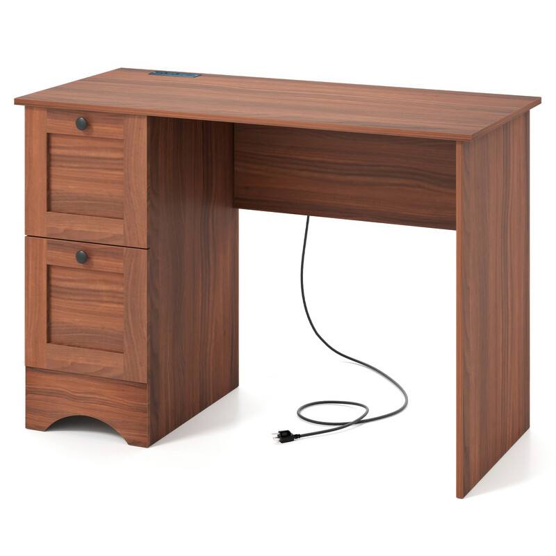 Alt View 5. WELLFOR - 43" Computer Desk with Power Outlets & 2 Drawers, Writing Studying Working Desk for Home Office - Walnut.