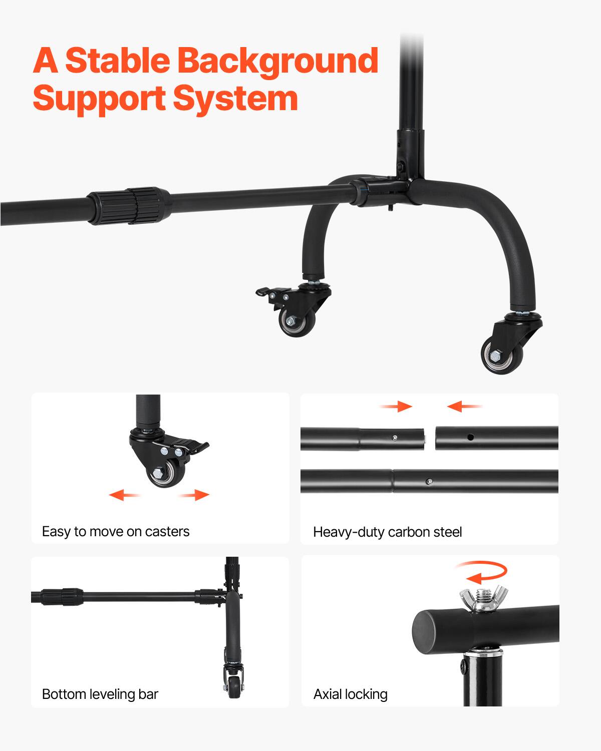 A Stable Background Support System

- Easy to move on casters
- Heavy-duty carbon steel
- Bottom leveling bar
- Axial locking