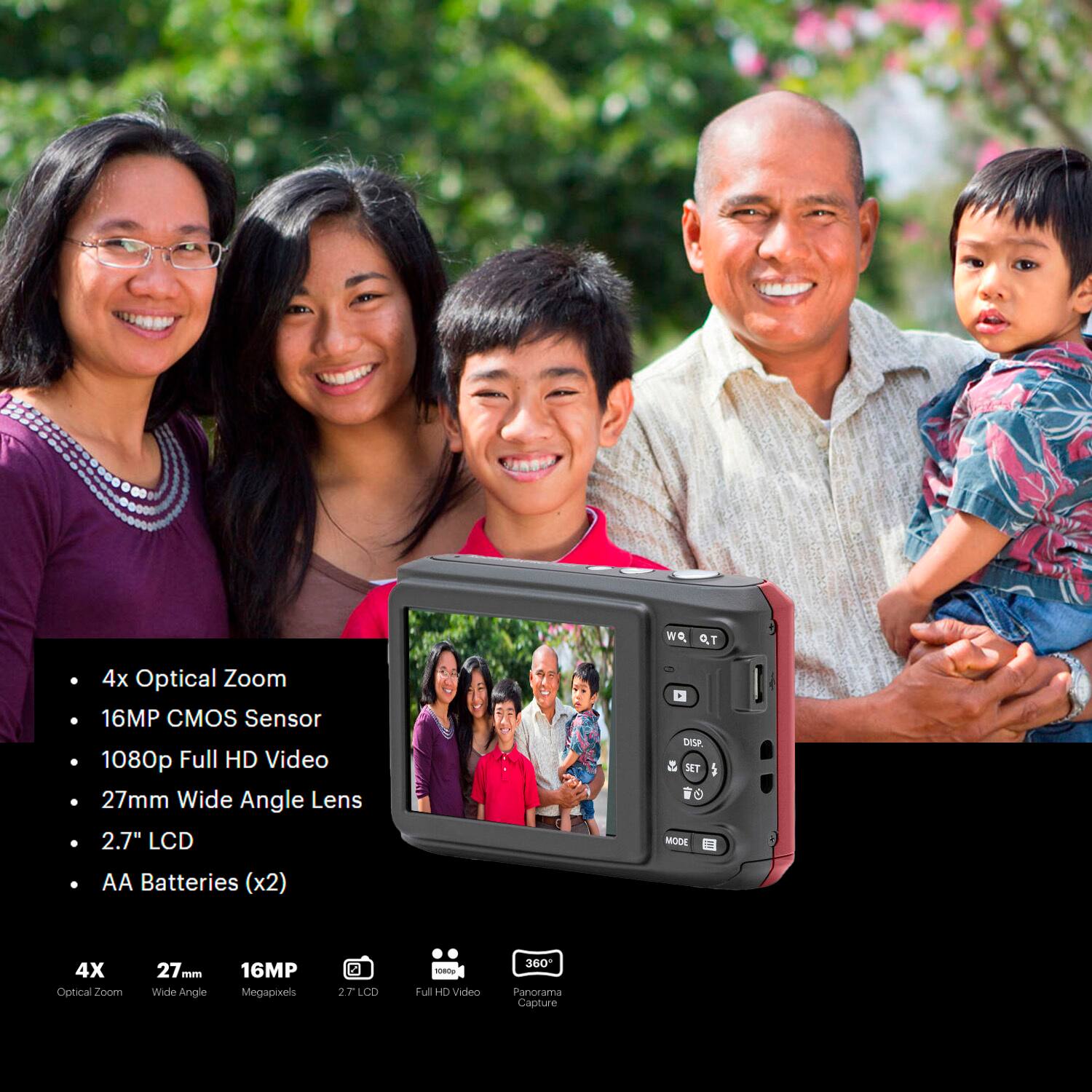 The text on the image reads: "4x Optical Zoom 16MP CMOS Sensor 1080p Full HD Video 27mm Wide Angle Lens 2.7" LCD Display 5 MP Panorama Capture 5 AA Batteries (x2) 4x Optical Zoom 27mm Wide Angle 16MP Megapixels Sensor 2.7" LCD Display - Full HD Video."