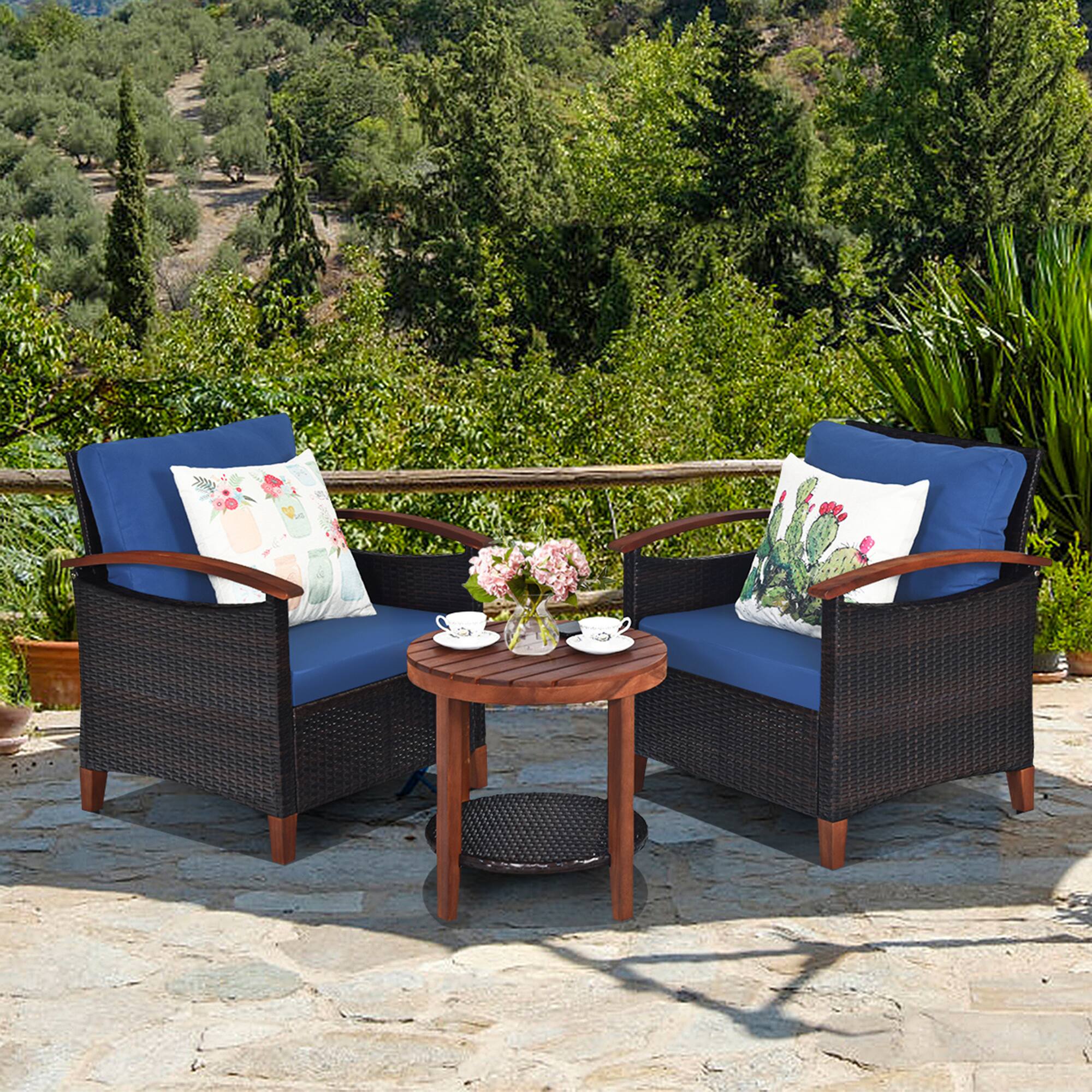 Alt View 4. Gymax - Gymax 3PCS Patio Wicker Rattan Conversation Set Outdoor Furniture Set w/ Cushion - as pic.