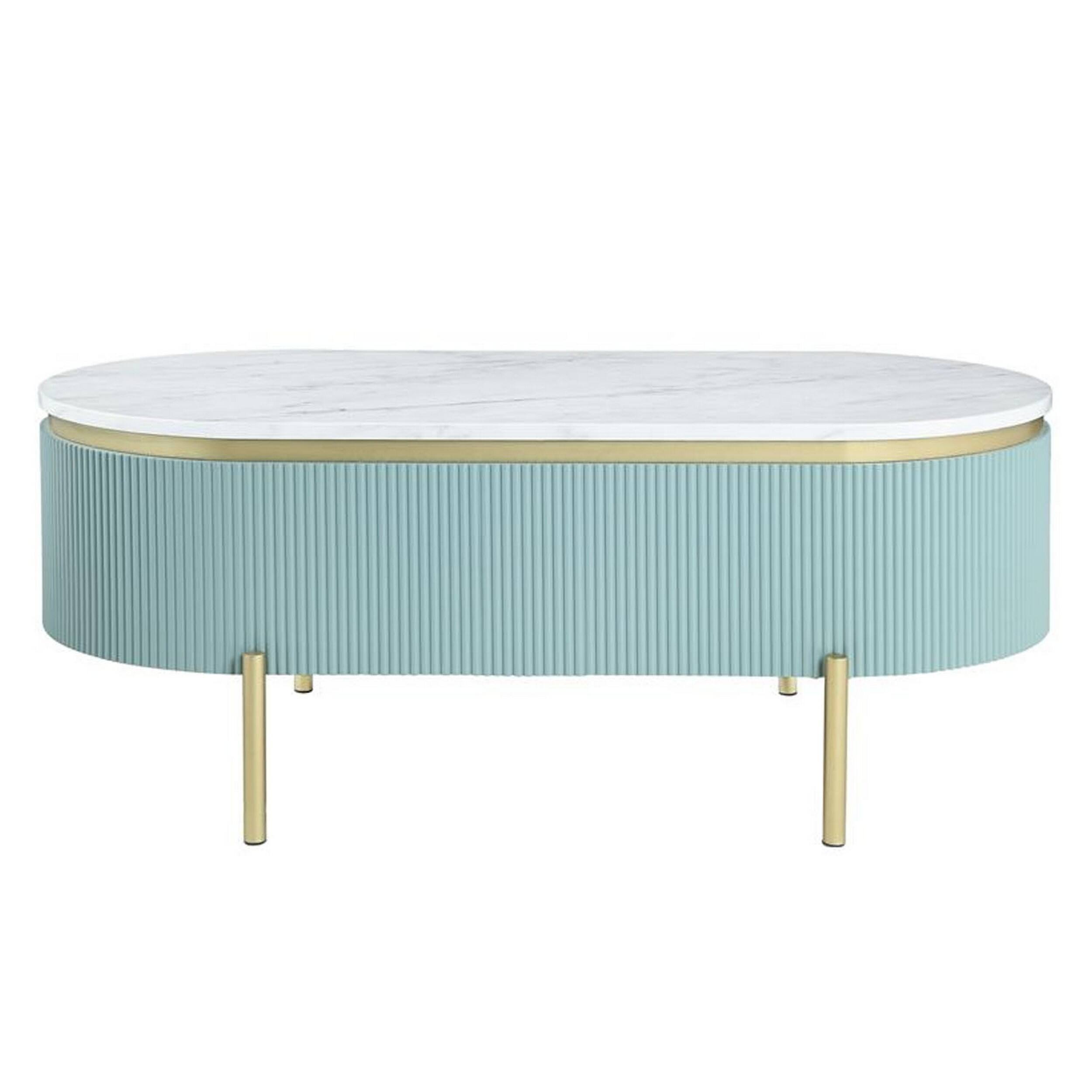 Alt View 2. Manhattan Lane - Ville 48 Inch Oblong Coffee Table, White Faux Marble Top, Teal Reeded Edges - White, Teal, Gold.