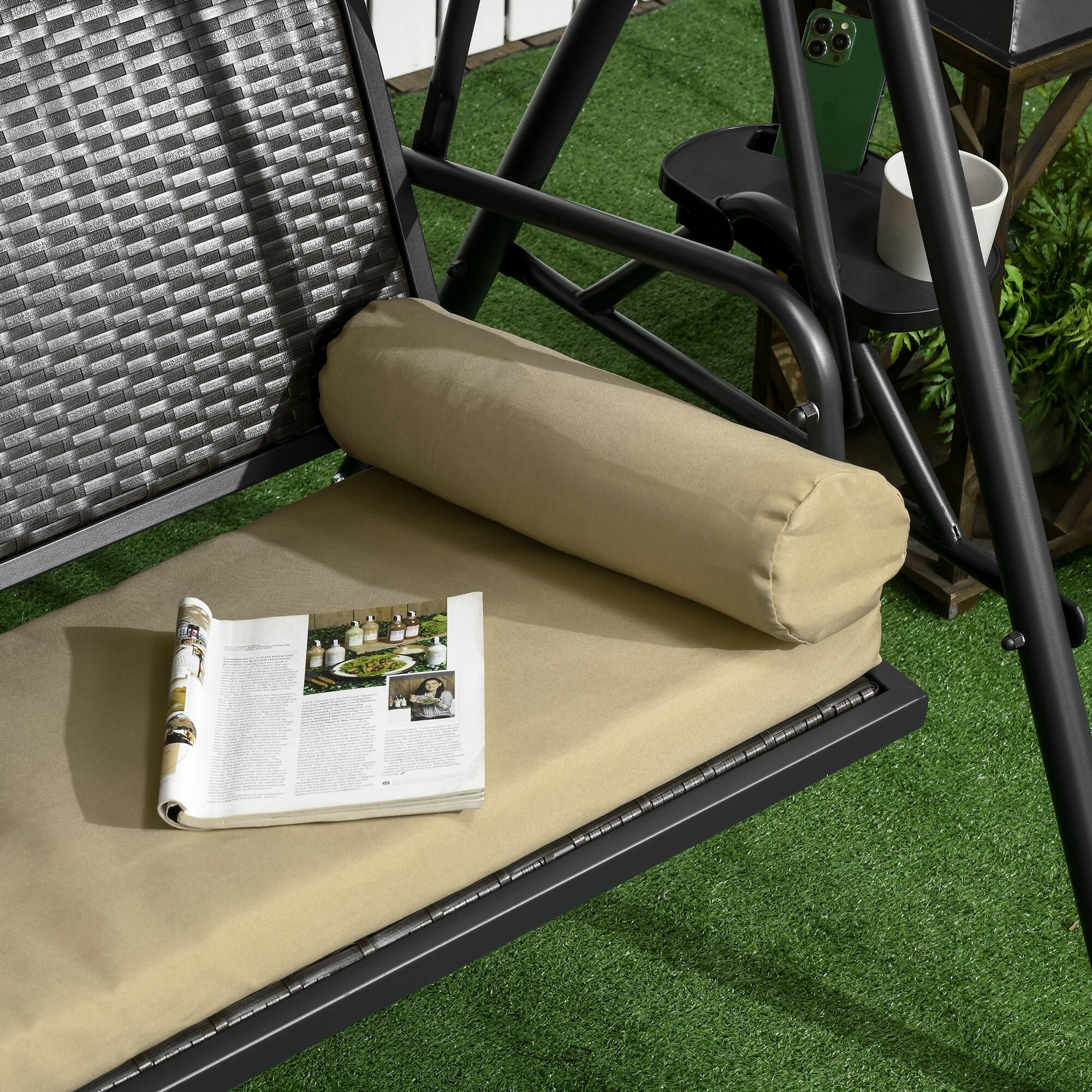 Alt View 8. Outsunny - Outsunny 3-Seat Patio Swing Chair Swing Bench for Outside w/ Adjustable Shade - Black, Brown, Khaki.