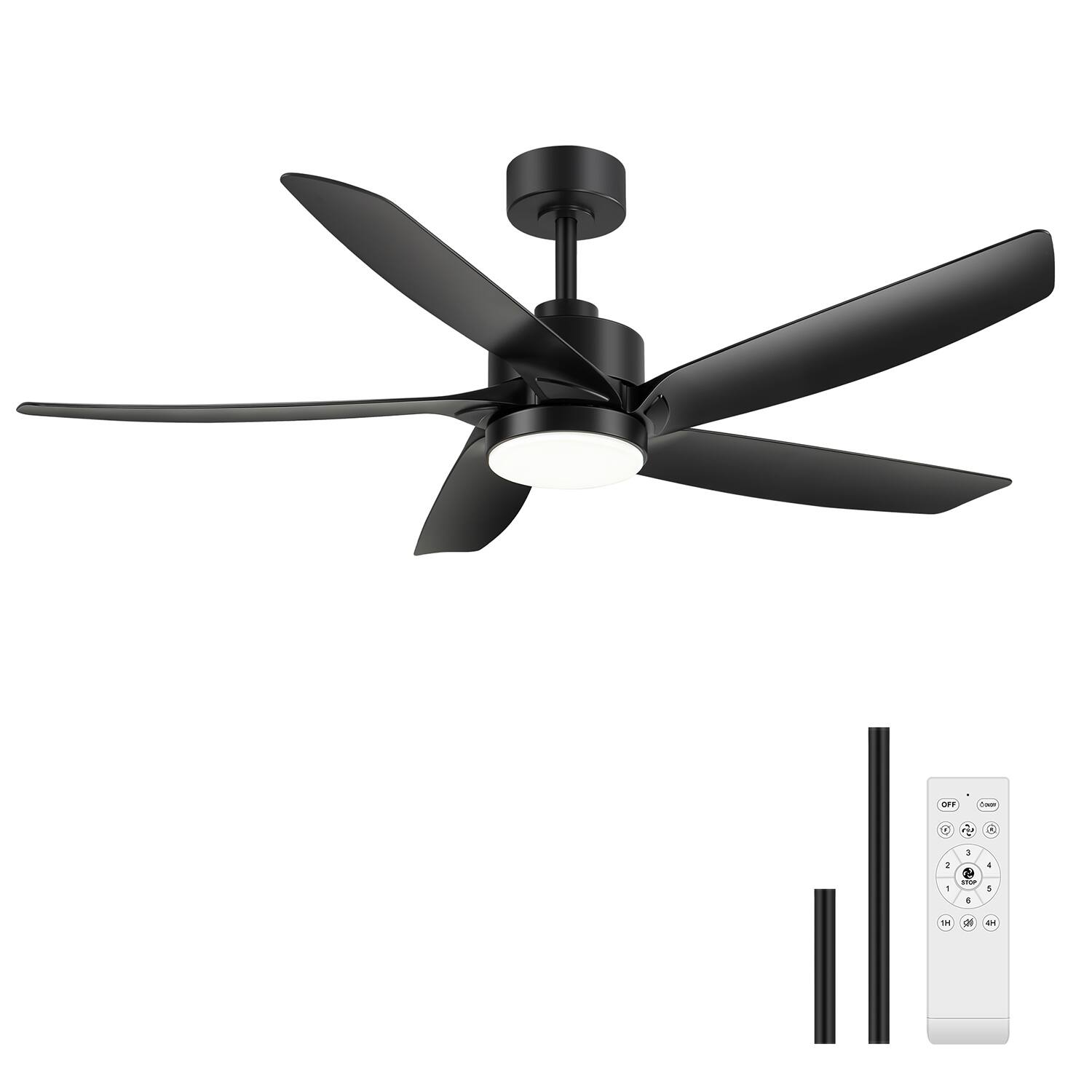 Angle. Breezary - 54-Inch Indoor Ceiling Fan with 3-Color Light, 5 ABS Blades, 6-Speed DC Motor, Remote & Timer, Memory, 6"/12" Downrods - Matte Black.
