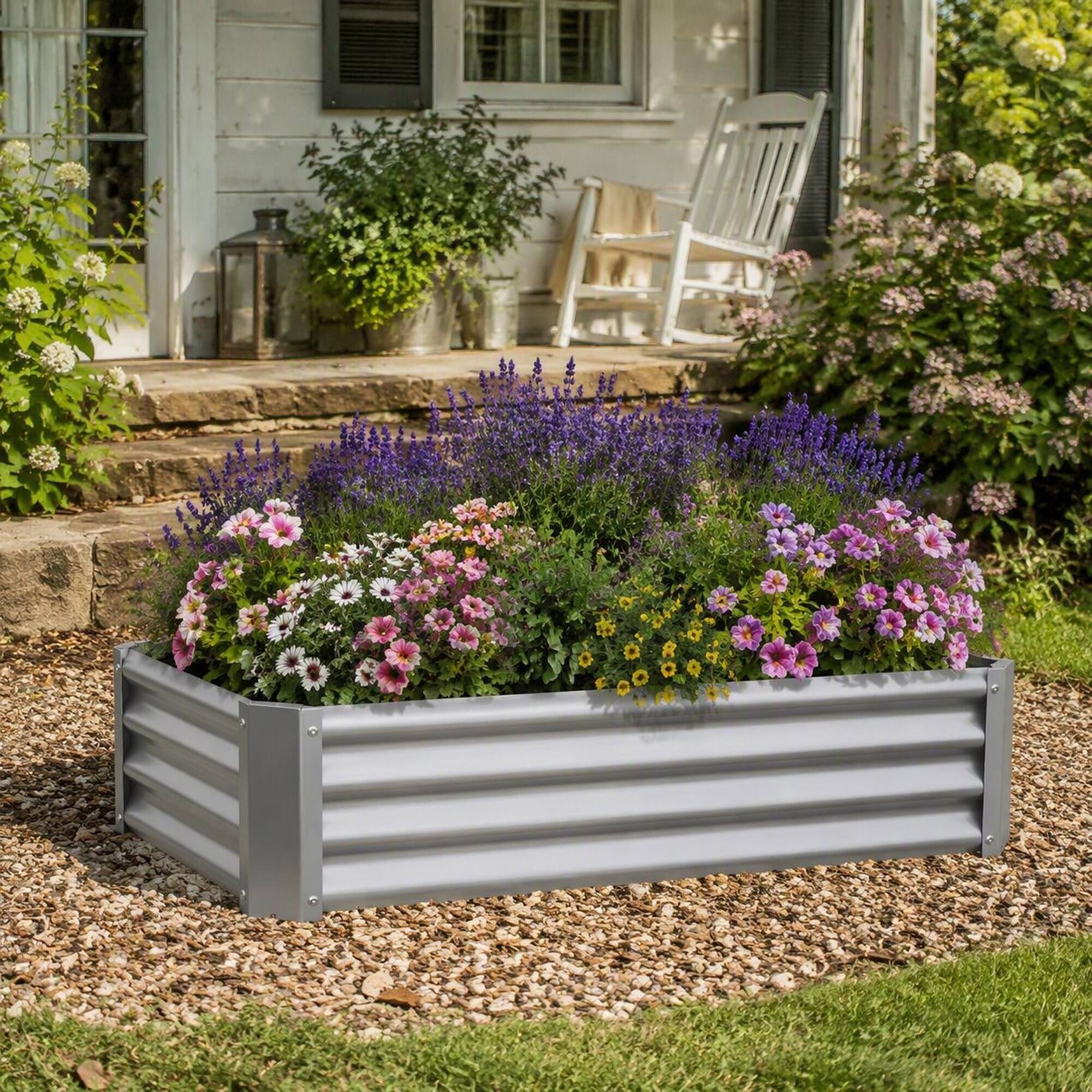 Angle. RYHNUYNE - Silver Metal Rectangular Raised Garden Bed 2 Pack, 4x2x1 ft Galvanized Planter Box for Vegetables Flowers Herbs - Silver.