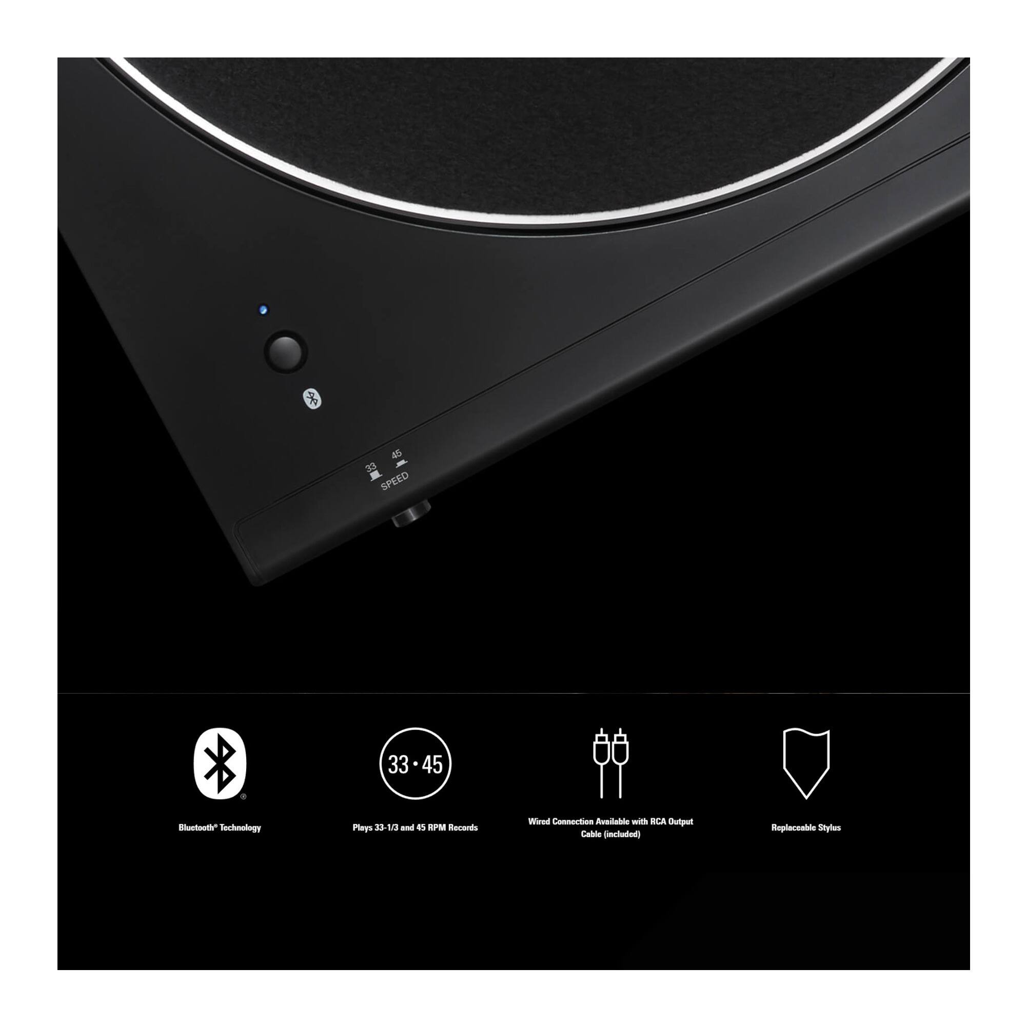 - Bluetooth Technology
- Plays 33 1/3 and 45 RPM Records
- Wired Connection Available with RCA Output Cable (Included)
- Replaceable Stylus