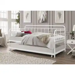 Hivvago - Twin size Traditional Rounded Iron Daybed with Roll Out Trundle Bed Frame - White