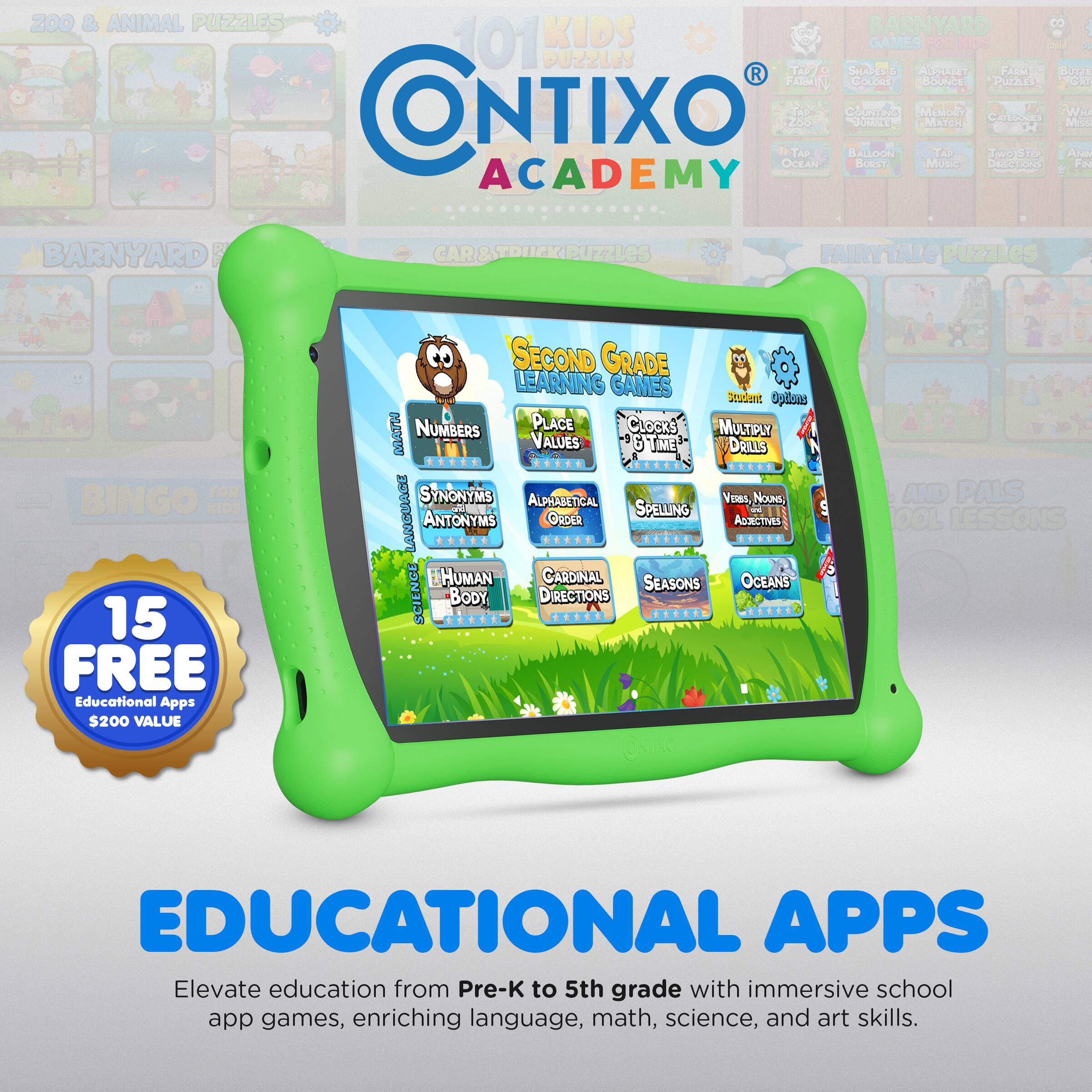 Sure, here is the corrected and grouped text from the image:

---

**KIDS TIXO ACADEMY**

**15 FREE Educational Apps $200 VALUE**

**EDUCATIONAL APPS**

Elevate education from Pre-K to 5th grade with immersive school app games, enriching language, math, science, and art skills.

---

**ZOO & ANIMAL PUZZLES**

**BARNYARD GAMES**

**CAR & TRUCK PUZZLES**

**FAIRYTALE PUZZLES**

**BINGO**

**SECOND GRADE LEARNING GAMES**

- Numbers
- Place Values
- Clocks & Time
- Synonyms & Antonyms
- Alphabetical Order
- Spelling
- Verbs, Nouns, Adjectives
- Human Body
- Cardinal Directions
- Seasons
- Oceans

**101 GAMES FOR KIDS**

**DUZZLES**

**TAP SHANEO**

**ALSOUST**

**PARM**

**Puriues**

**ONTOXO**

**TAP**

**OCEAN**

**200 TAD**

**a0k**

**ese**

**BALLOON BURSTA**

**EATE