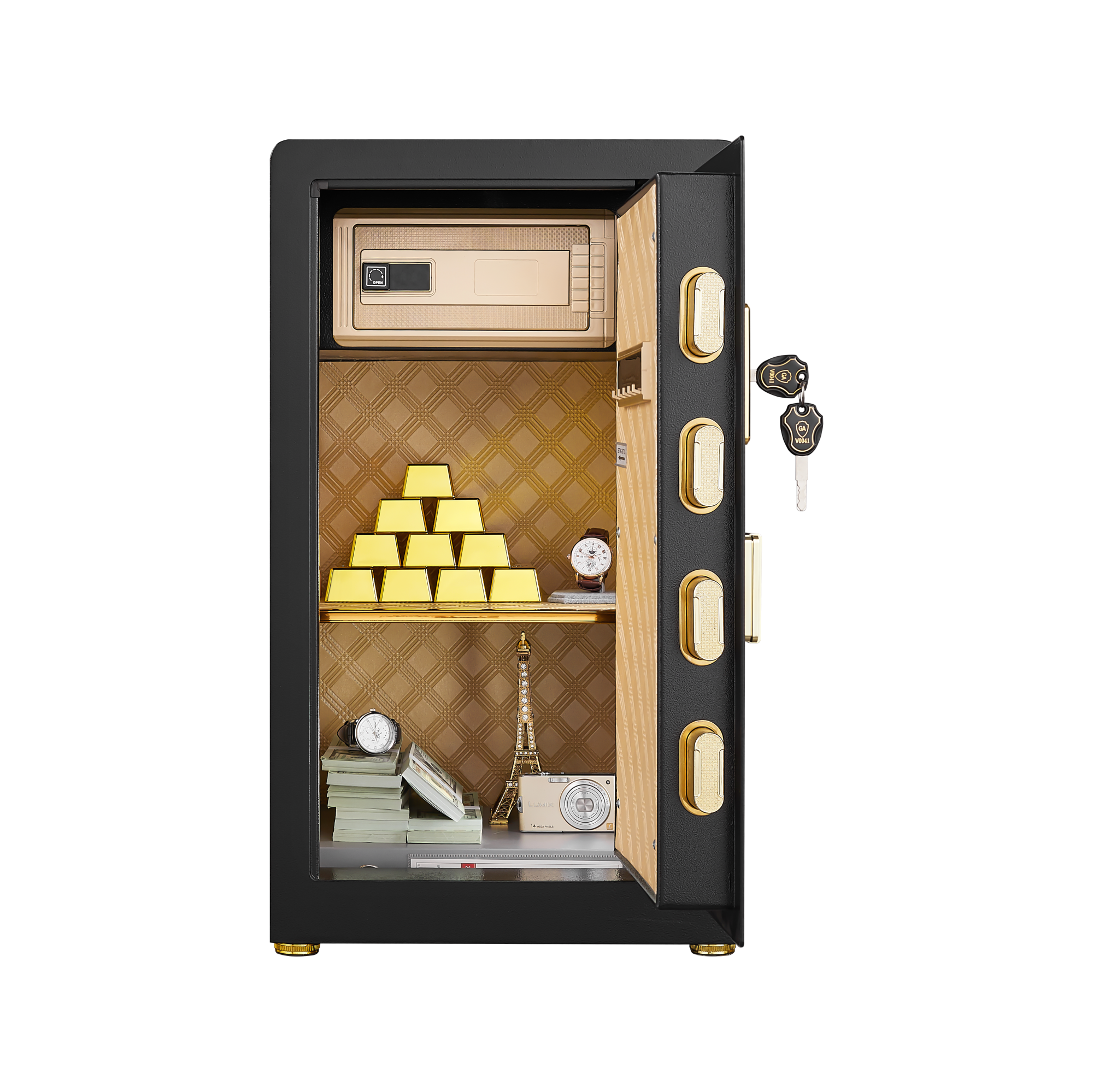 Left. Akoasm - Digital Security Safe Box with Keypad and Keys, Anti-Theft Home Safe for Money, Jewelry, Documents w/ LED Light.