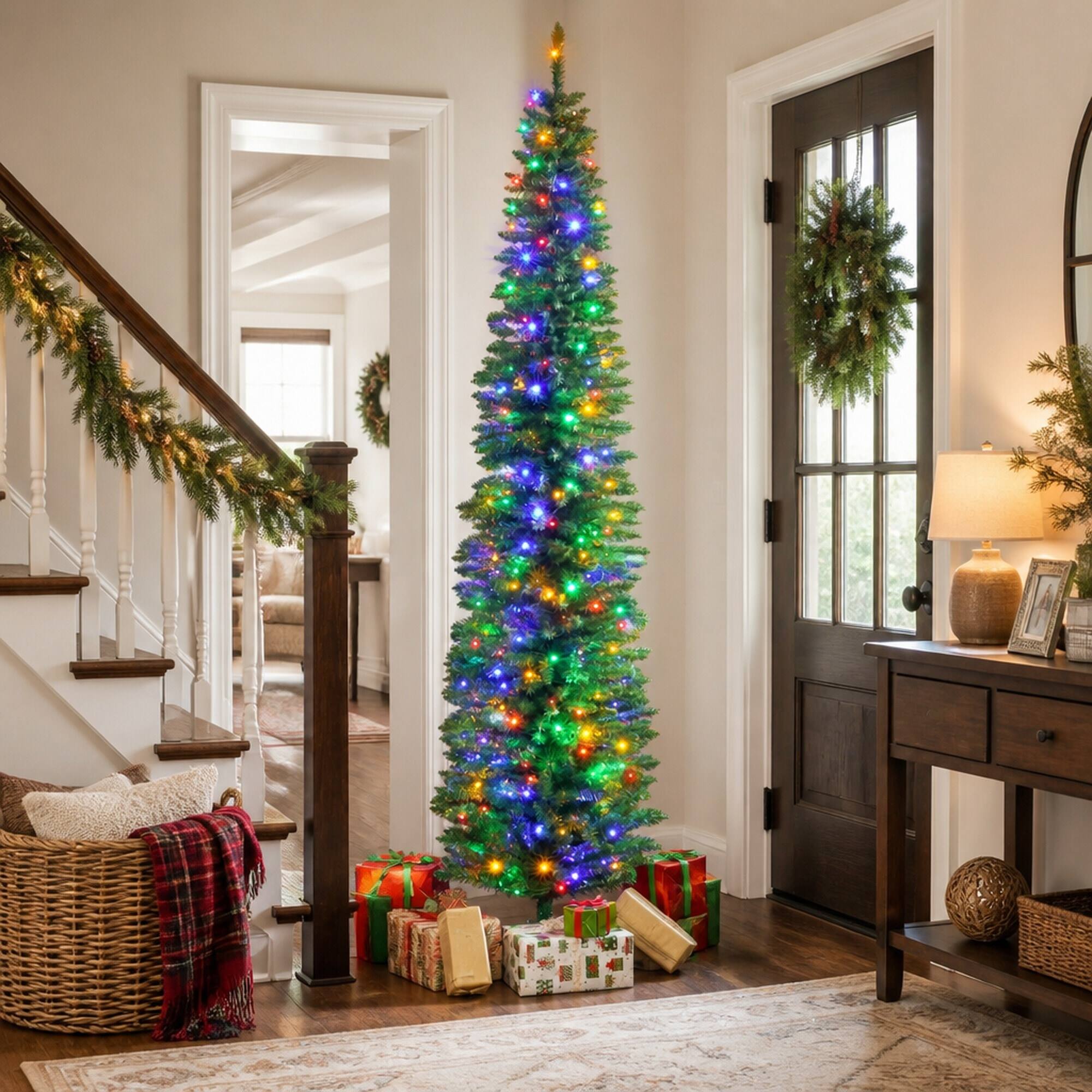 Alt View 1. RYHNUYNE - 8FT Pre-Lit Pencil Christmas Tree With 250 Colorful LED Lights and 668 Branches, Green Steel Base - Green.