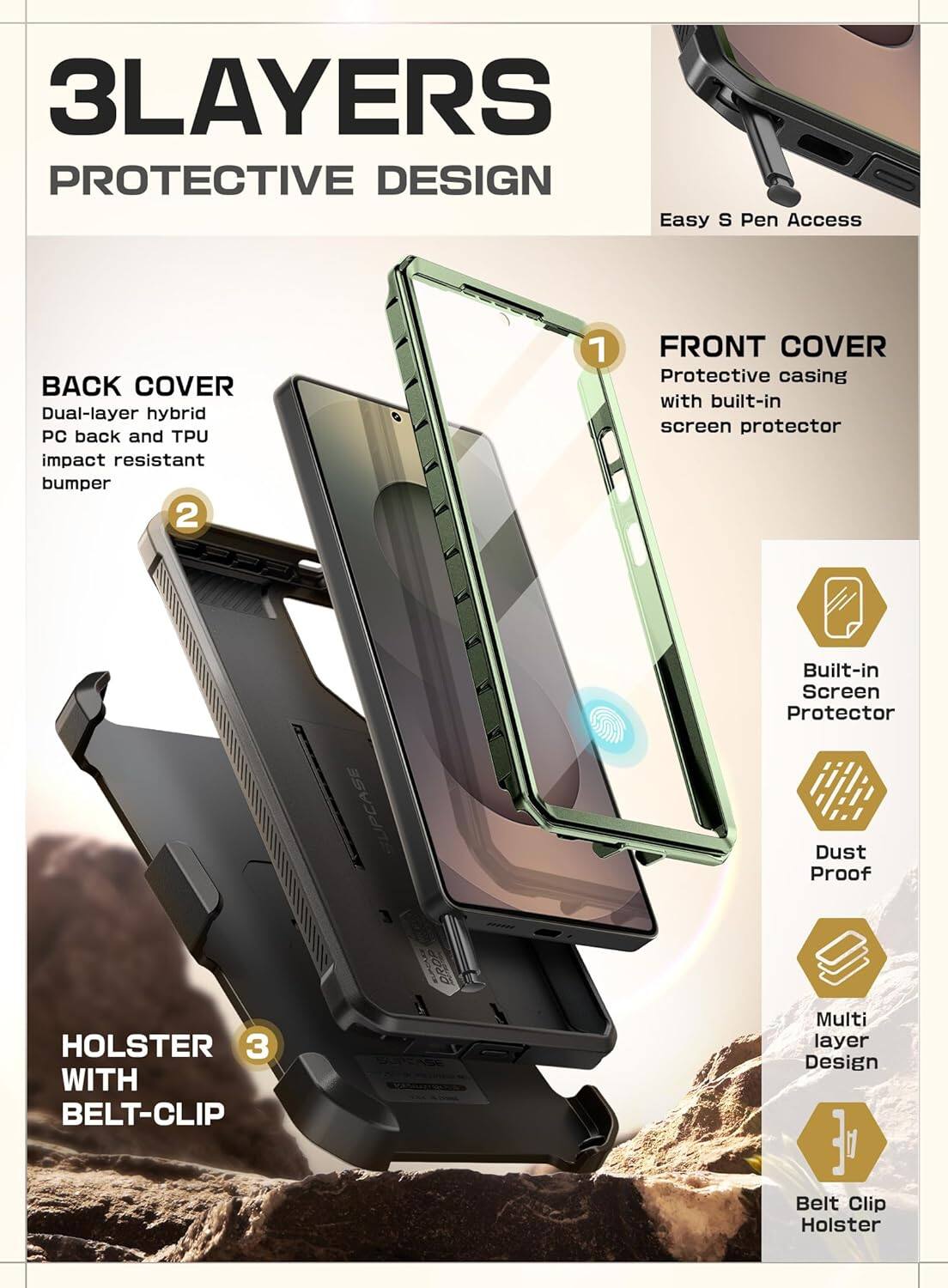3LAYERS PROTECTIVE DESIGN

BACK COVER
Dual-layer hybrid PC back and TPU impact resistant bumper

FRONT COVER
Protective casing with built-in screen protector

HOLSTER WITH BELT-CLIP

Easy S Pen Access

Built-in Screen Protector
Dust Proof
Multi Layer Design
Belt Clip Holster