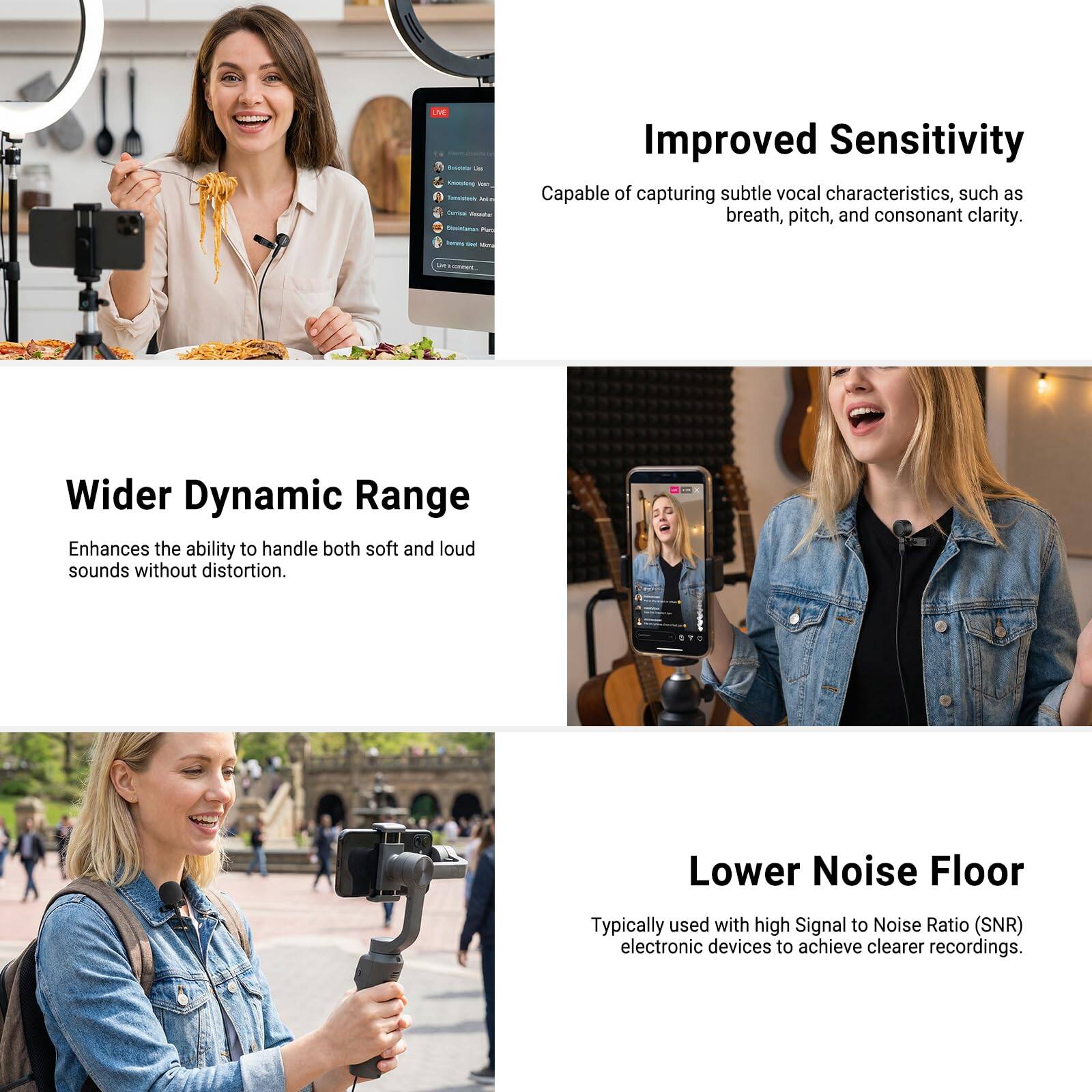 - Improved Sensitivity  
  Capable of capturing subtle vocal characteristics, such as breath, pitch, and consonant clarity.

- Wider Dynamic Range  
  Enhances the ability to handle both soft and loud sounds without distortion.

- Lower Noise Floor  
  Typically used with high Signal to Noise Ratio (SNR) electronic devices to achieve clearer recordings.