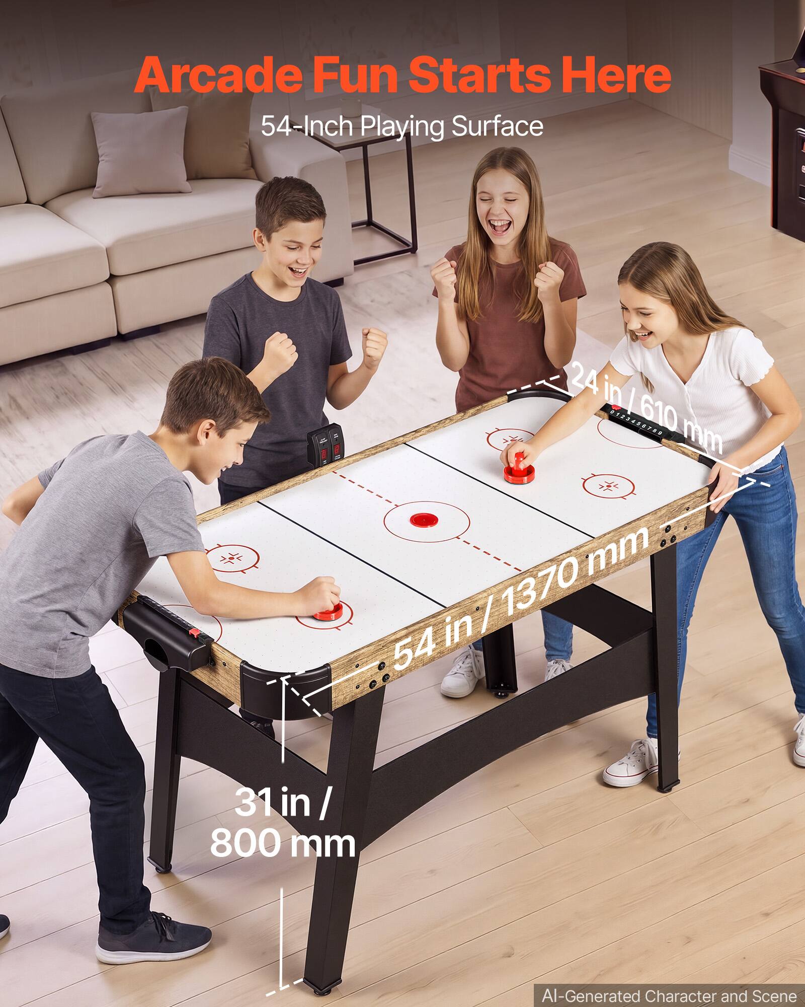 Arcade Fun Starts Here  
54-Inch Playing Surface  
24 in / 610 mm  
31 in / 800 mm  
54 in / 1370 mm  
AI-Generated Character and Scene
