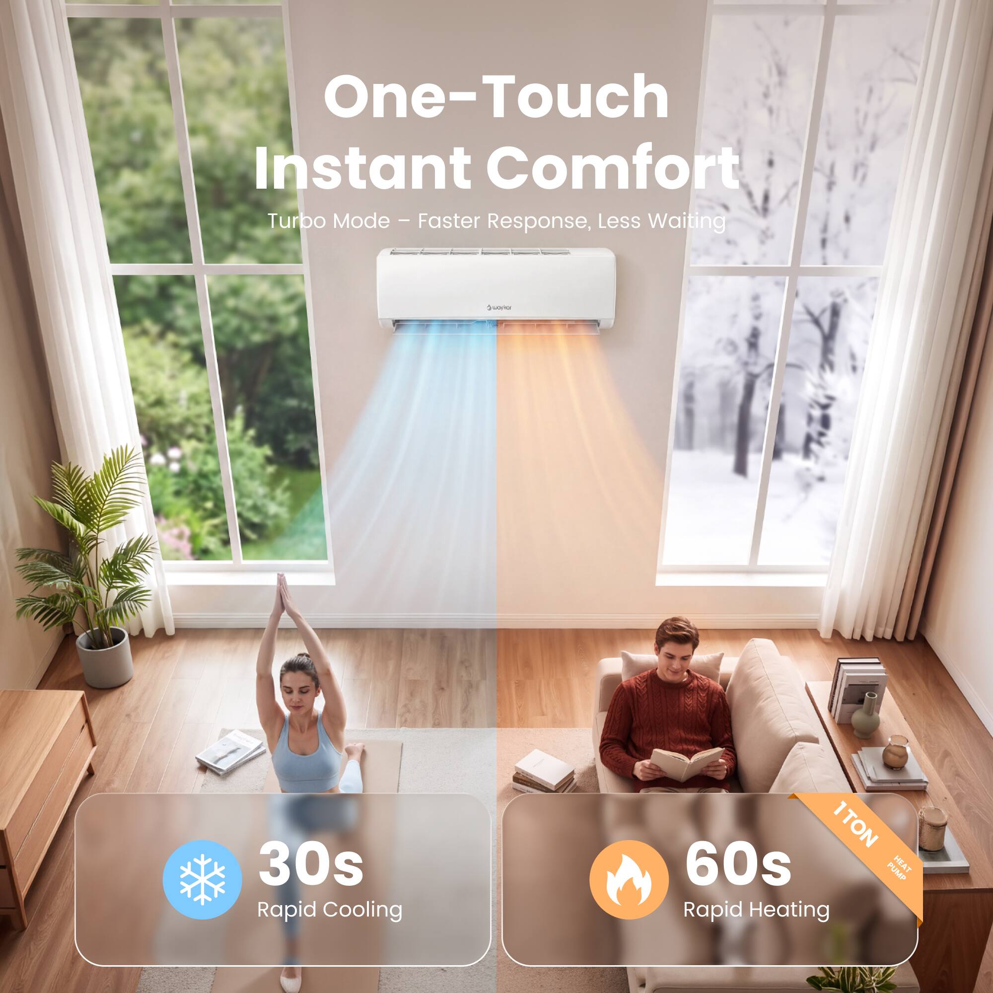 One-Touch Instant Comfort Turbo Mode - Faster Response, Less Waiting

30s Rapid Cooling

1 TON 60s PUMP HEAT Rapid Heating