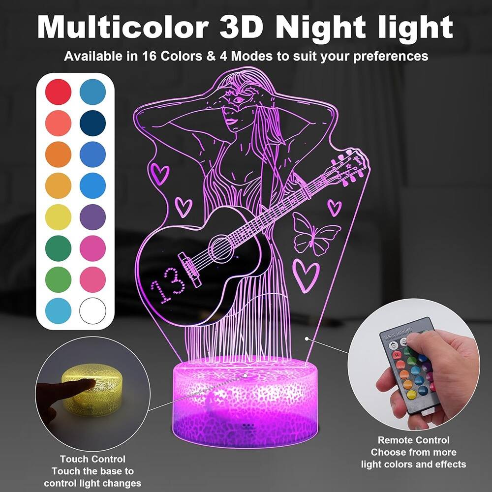 Multicolor 3D Night light  
Available in 16 Colors & 4 Modes to suit your preferences  

Touch Control  
Touch the base to control light changes  

Remote Control  
Choose from more light colors and effects
