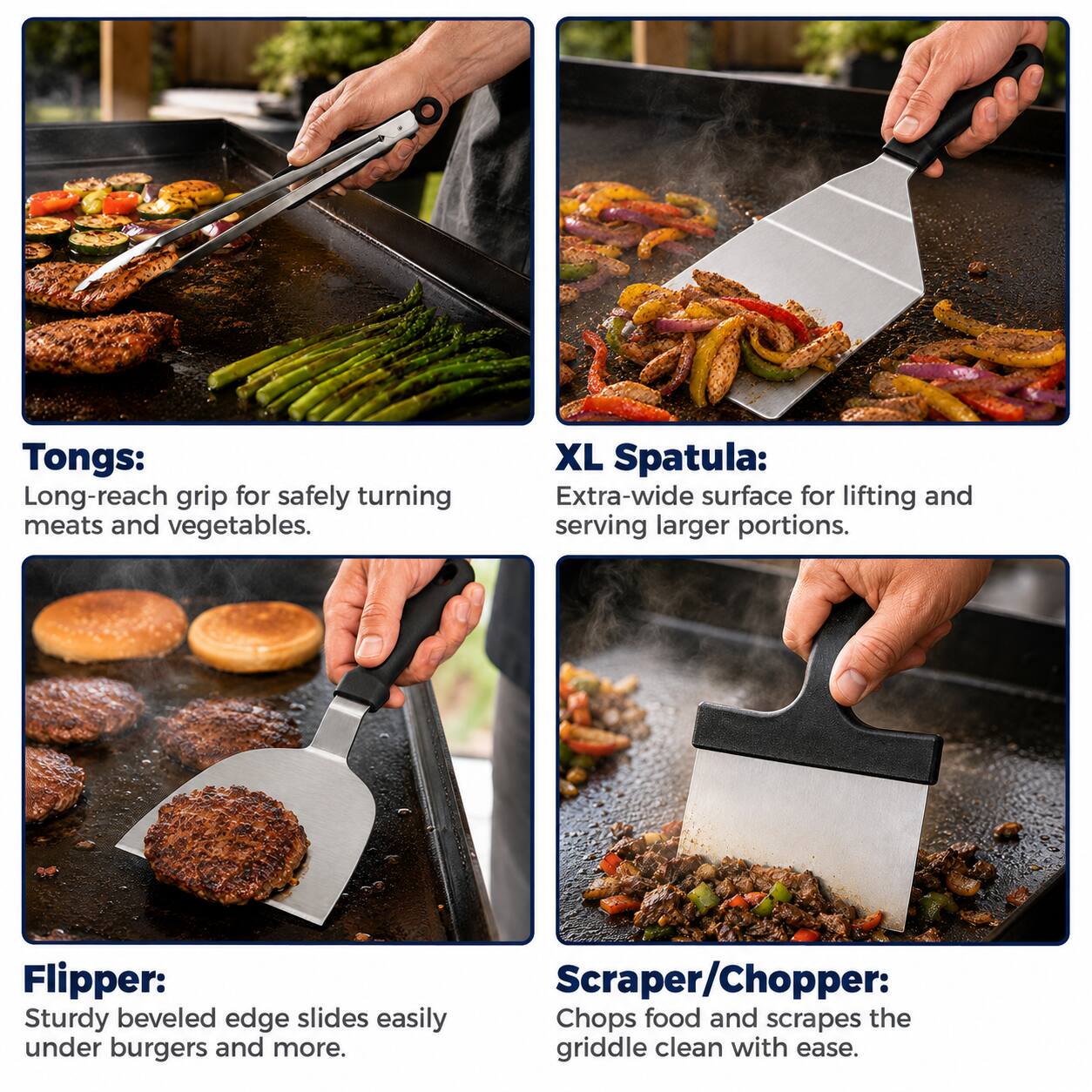 Tongs: Long-reach grip for safely turning meats and vegetables.

XL Spatula: Extra-wide surface for lifting and serving larger portions.

Flipper: Sturdy beveled edge slides easily under burgers and more.

Scraper/Chopper: Chops food and scrapes the griddle clean with ease.
