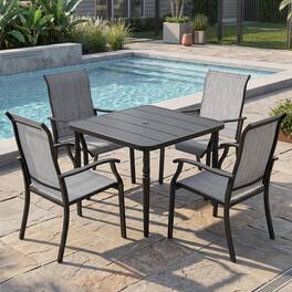 Nuu Garden - 5-Piece Patio Textilene Dining Set with Umbrella Hole, Powder Coating - Black and Gray