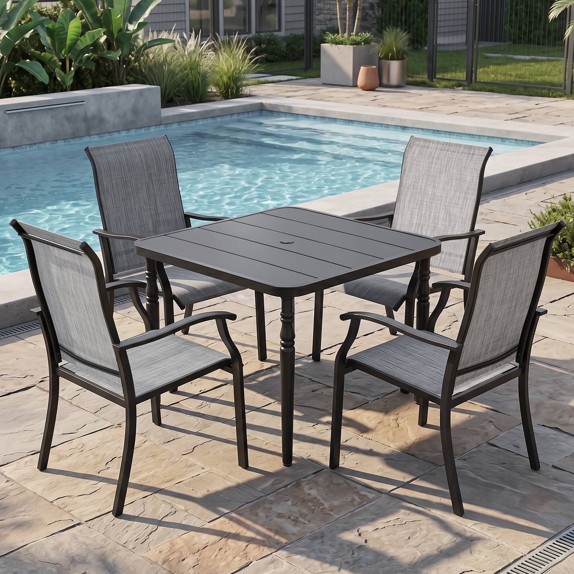 Front. Nuu Garden - 5-Piece Patio Textilene Dining Set with Umbrella Hole, Powder Coating - Black and Gray.