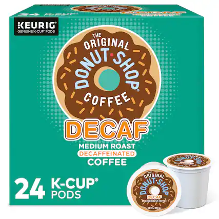 The Original Donut Shop Decaf Medium Roast Decaffeinated Coffee is a product by Keurig. It comes in a box containing 24 K-Cup pods.