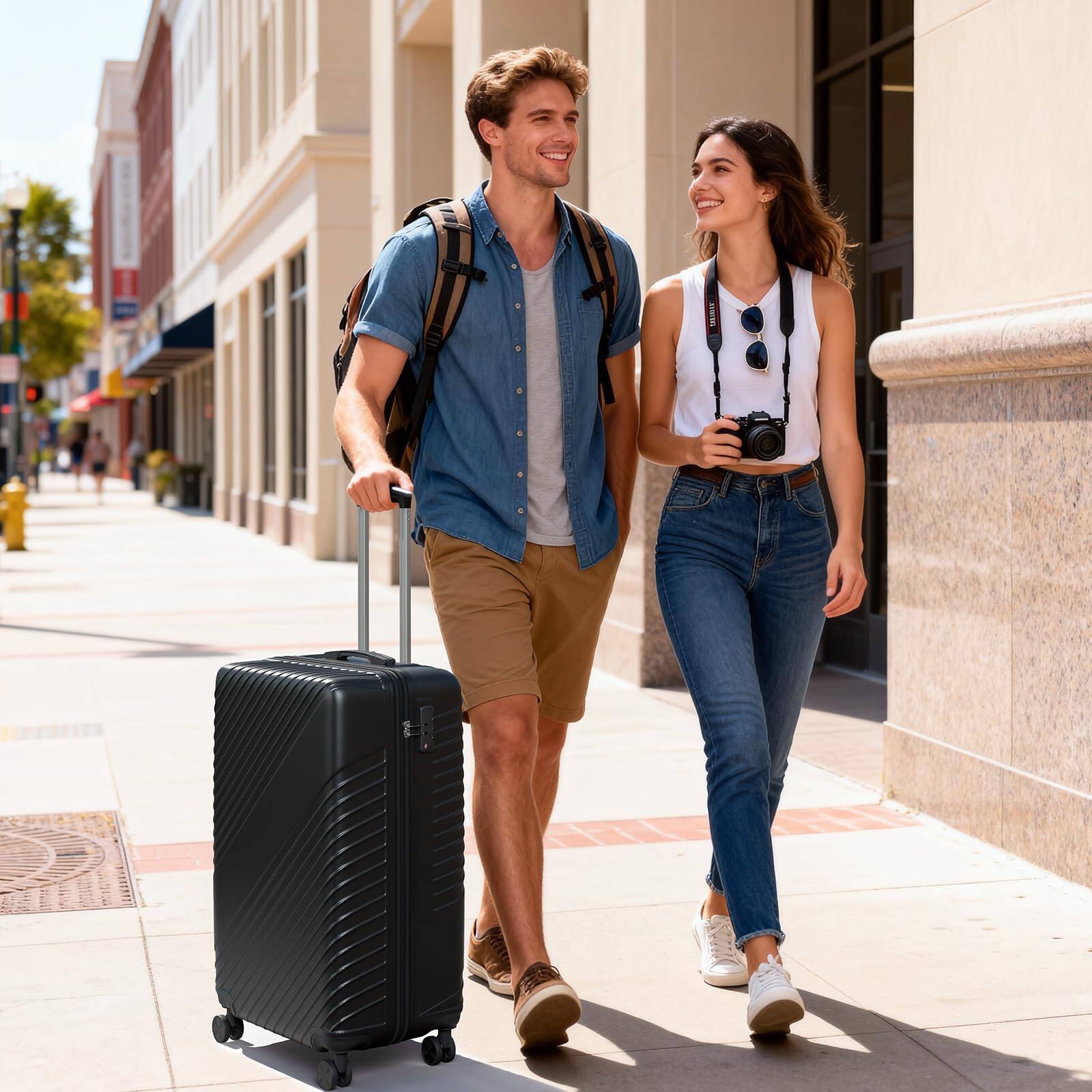 Angle. Yardgrace - 20" Hardside Checked Luggage, Expandable Hardshell Suitcase with 4 Multi-Directional Wheels, Scratch-Resistant - Black.