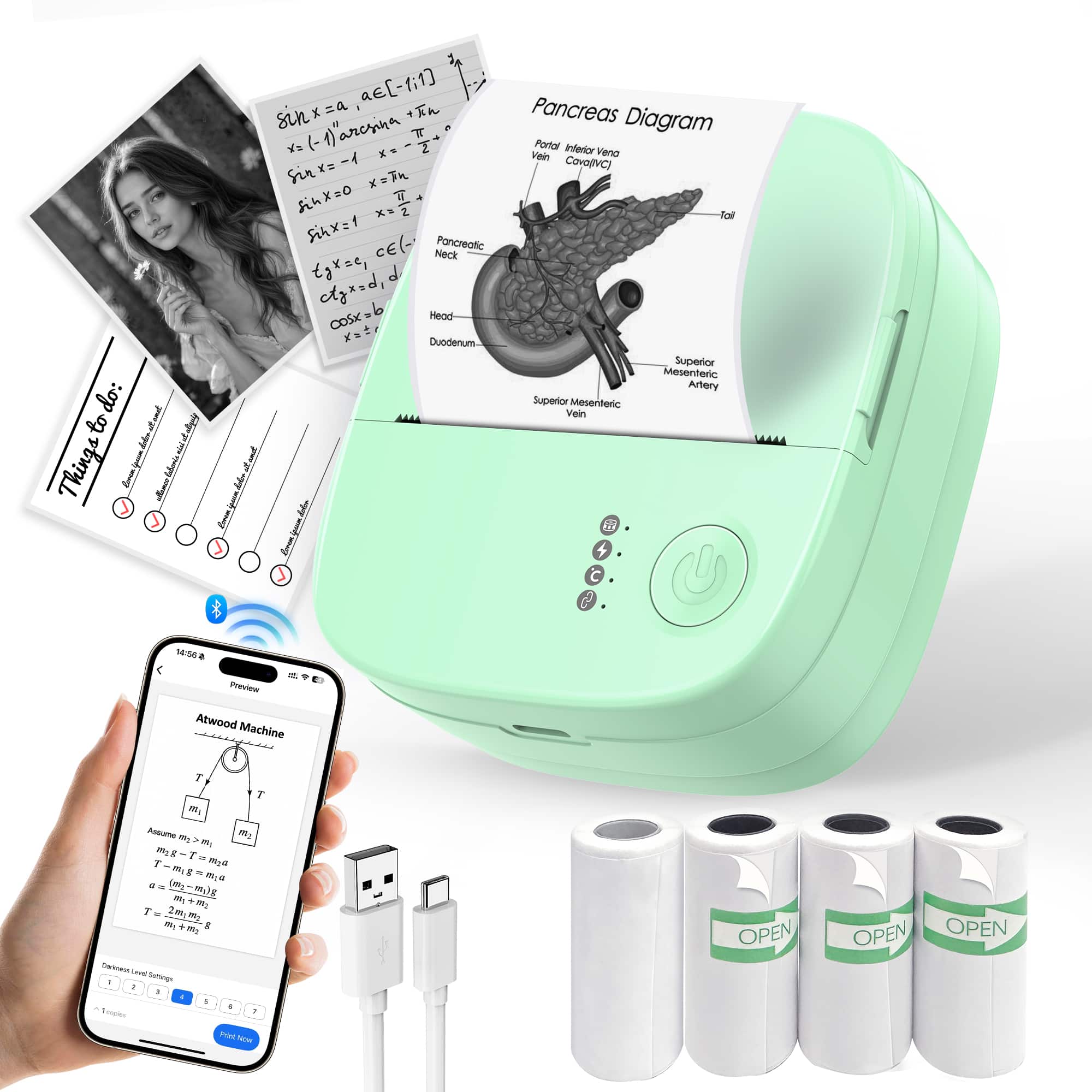 XenGro - Wireless Mini Printer, Portable Printer with Bluetooth Connection, Compatible With IOS And Android, For Home, Office - Green