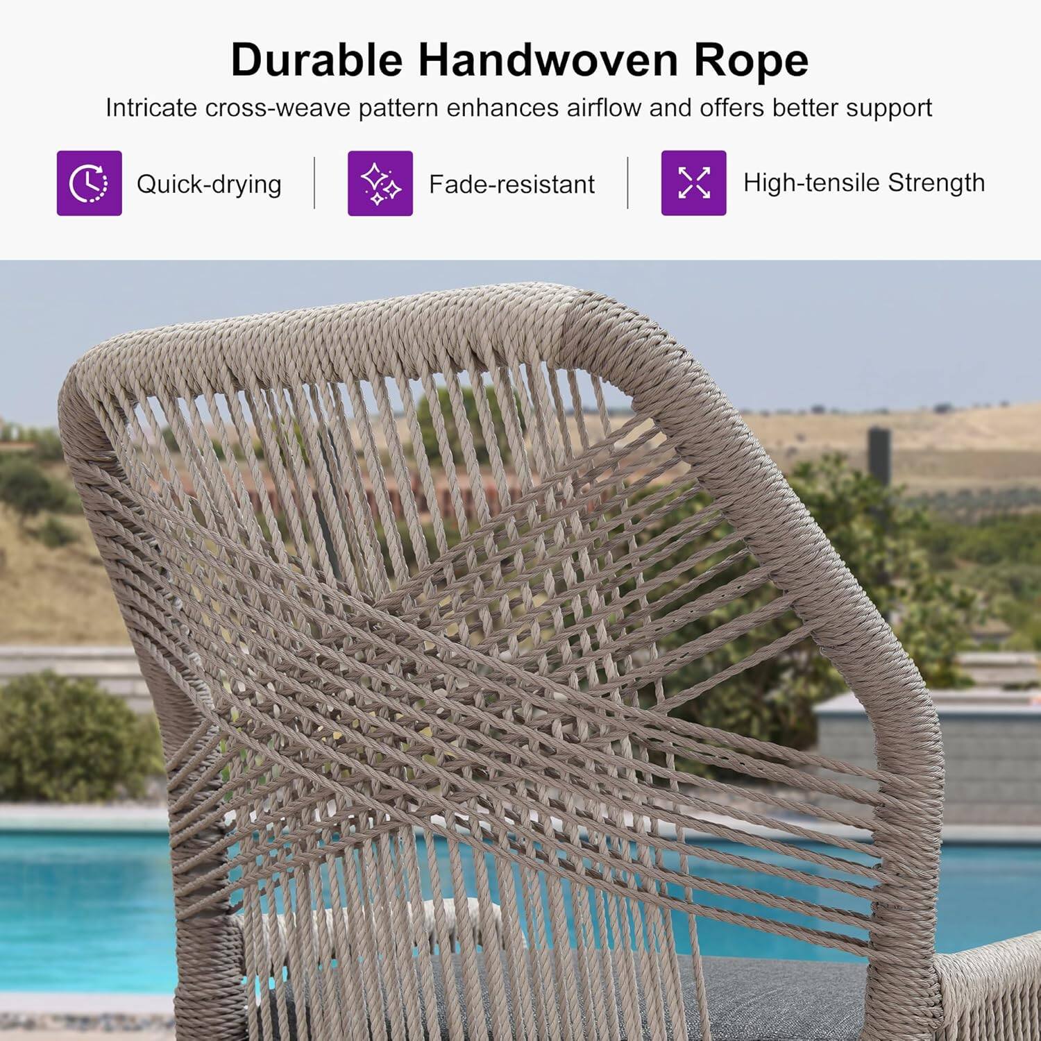 Durable Handwoven Rope  
Intricate cross-weave pattern enhances airflow and offers better support  

- Quick-drying  
- Fade-resistant  
- High-tensile Strength