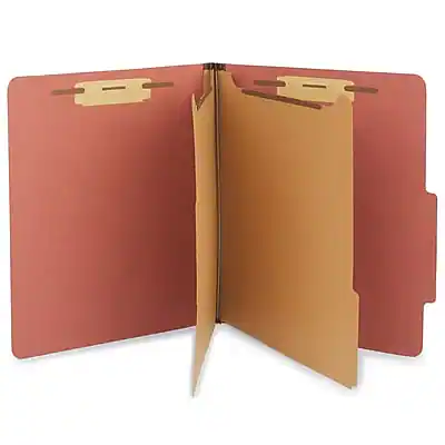 Front. Staples - Recycled Pressboard Classification Folder, 2-Dividers, 2 1/2" Expansion, Letter Size, Brick Red, 20/Box - Red.