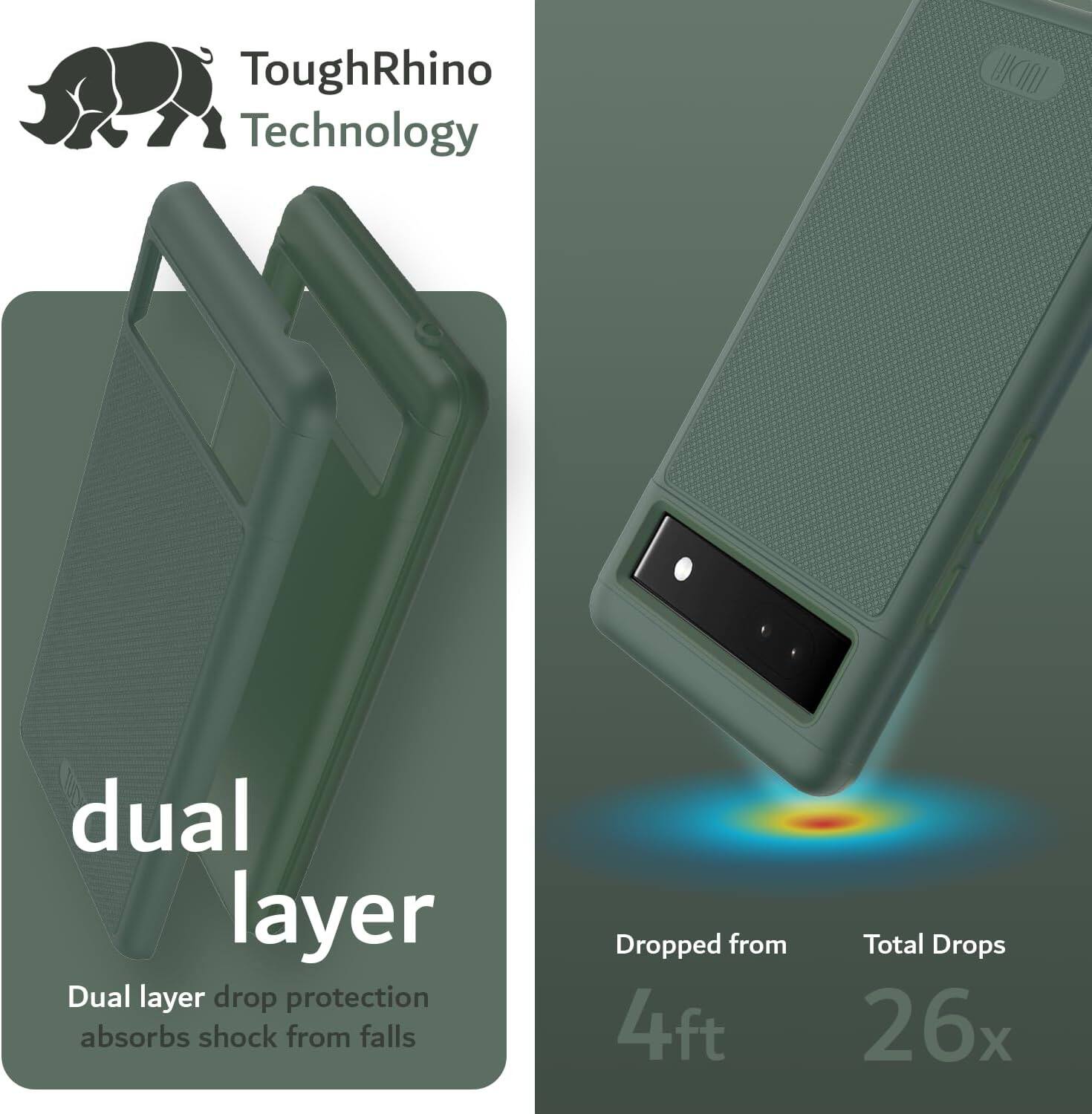 ToughRhino Technology

dual layer

Dual layer drop protection absorbs shock from falls

Dropped from 4ft

Total Drops 26x