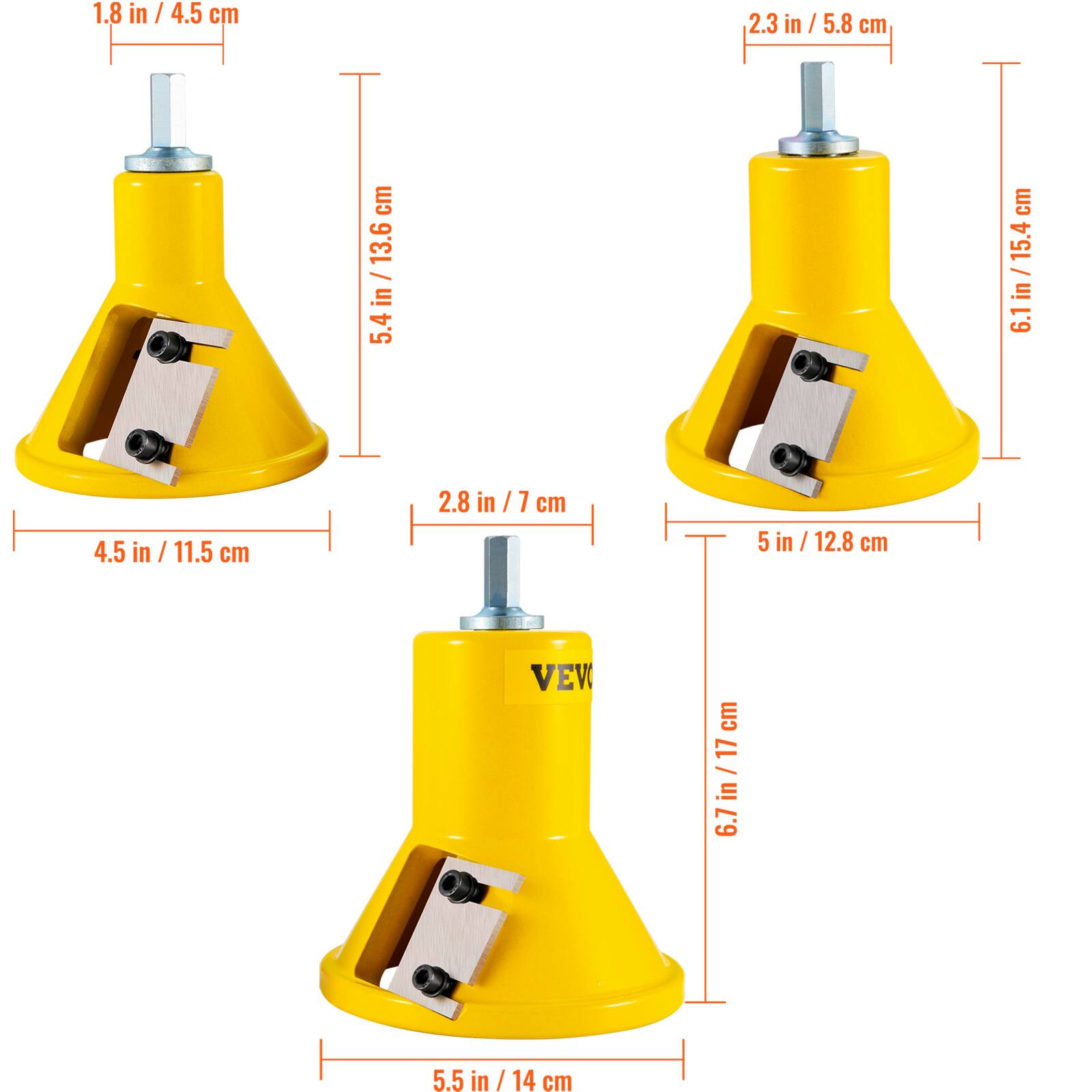 1.8 in / 4.5 cm  
5.4 in / 13.6 cm  
4.5 in / 11.5 cm  
2.8 in / 7 cm  
5.5 in / 14 cm  

2.3 in / 5.8 cm  
6.1 in / 15.4 cm  
5 in / 12.8 cm  
6.7 in / 17 cm